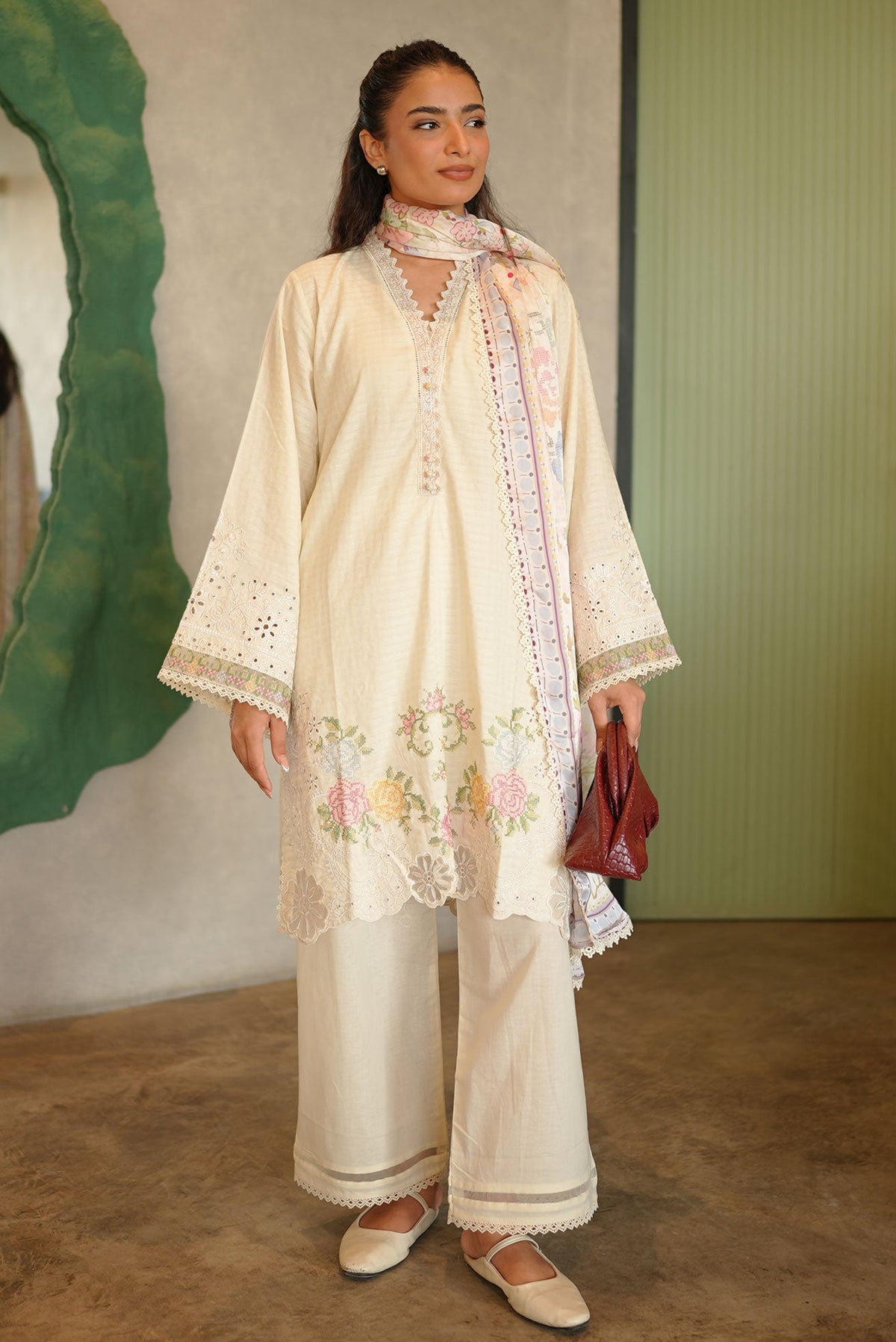 SS26DC-2587 - OFF WHITE - COTTON JACQUARD - 2PCS - EMBROIDERED KURTA WITH TROUSER