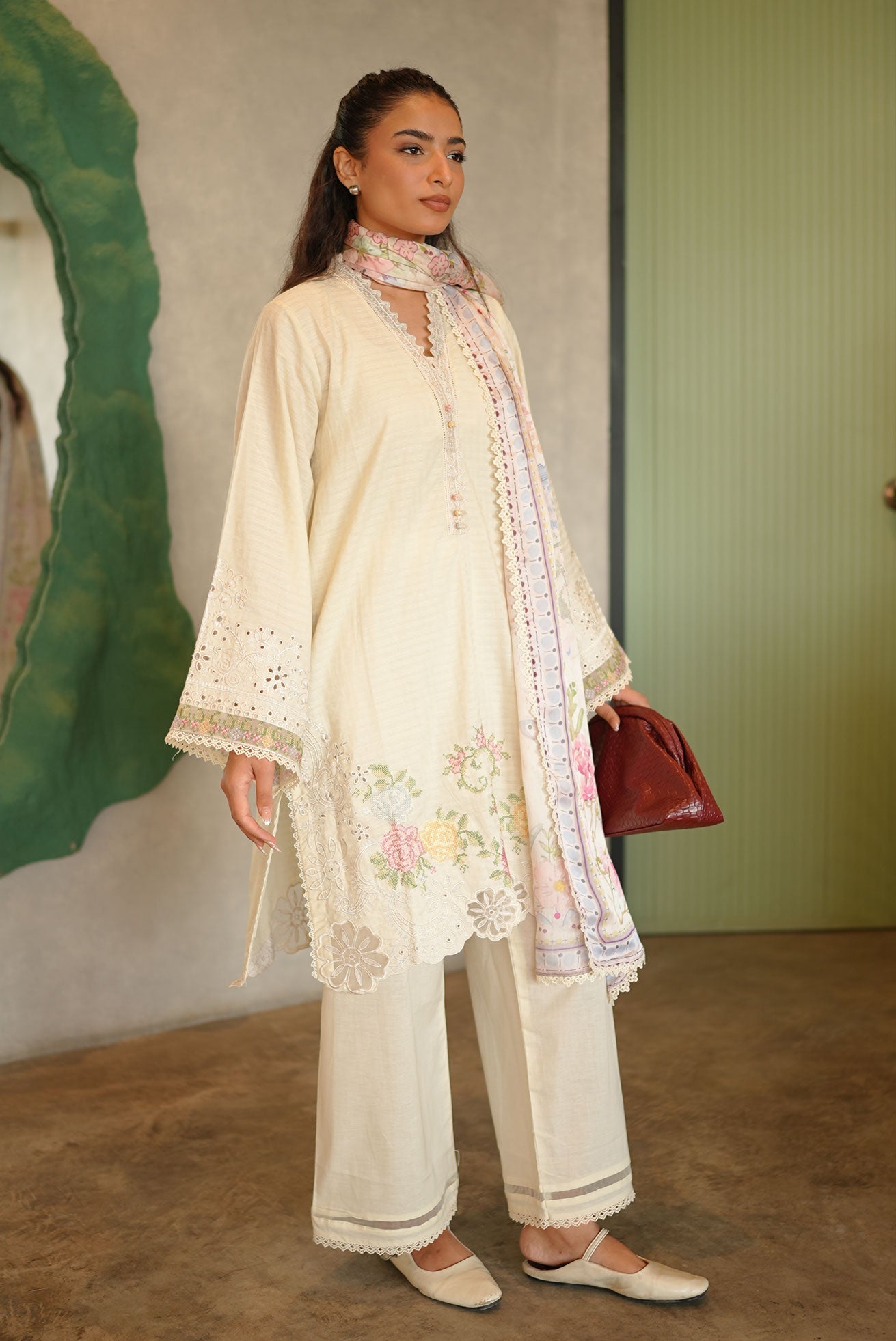 SS26DC-2587 - OFF WHITE - COTTON JACQUARD - 2PCS - EMBROIDERED KURTA WITH TROUSER