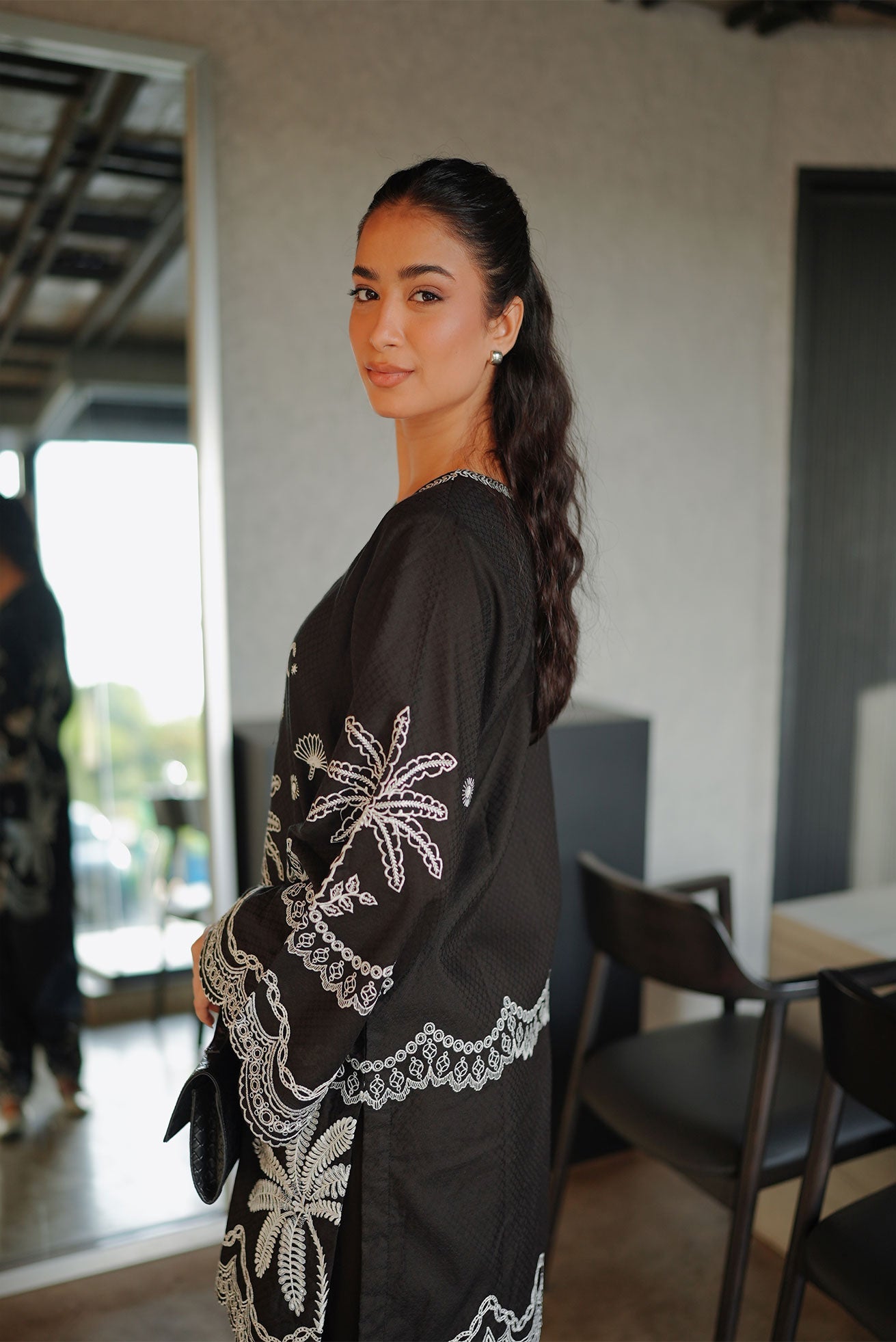 SS26DC-2590 - BLACK - COTTON JACQUARD - 2PCS - EMBROIDERED KURTA WITH TROUSER