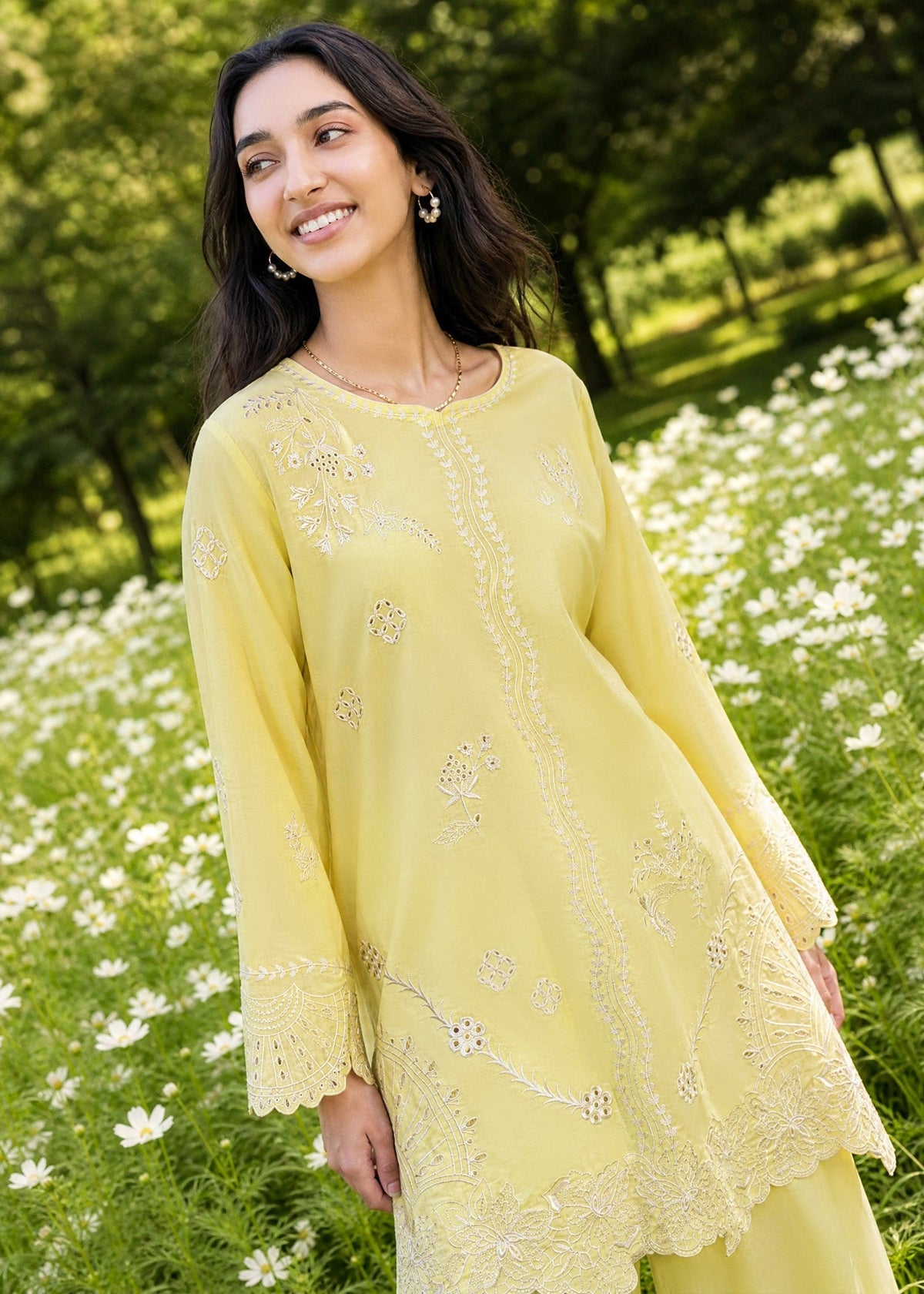 SS26DC-2621 YELLOW 2PCS EMBROIDERED KURTA WITH TROUSER