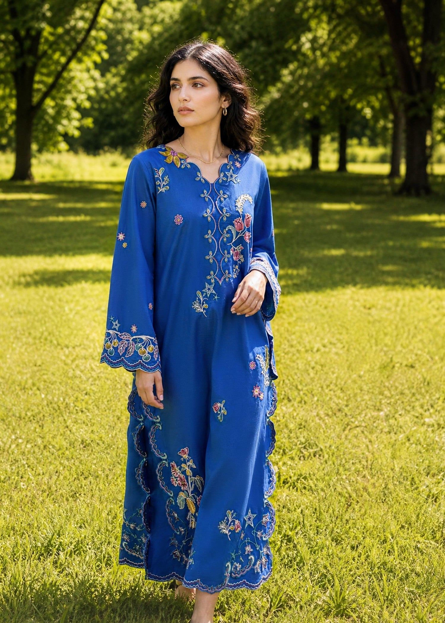 SS26DC-2623 BLUE 2PCS EMBROIDERED KURTA WITH TROUSER