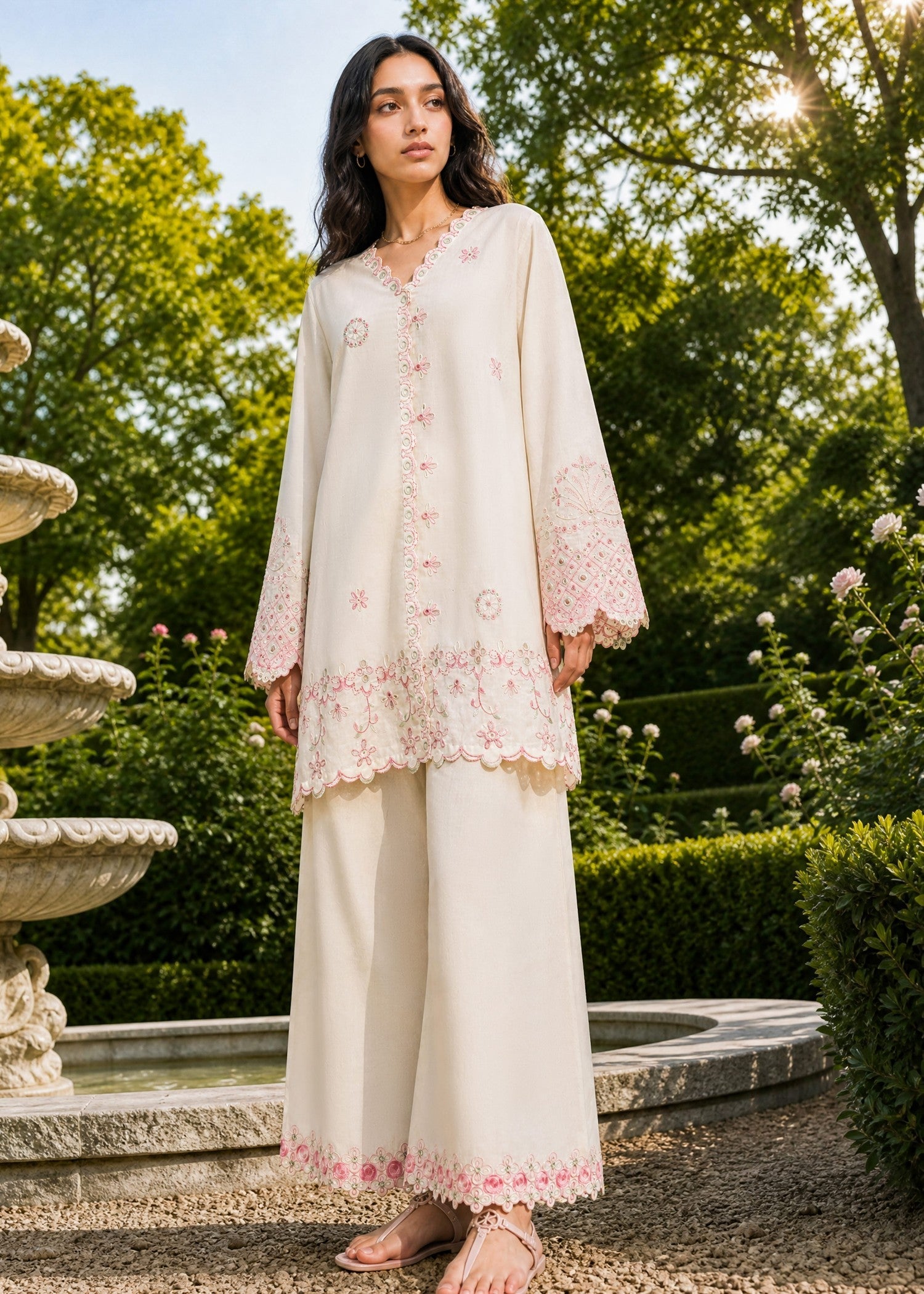 SS26DC-2625 OFF WHITE 2PCS EMBROIDERED KURTA WITH TROUSER