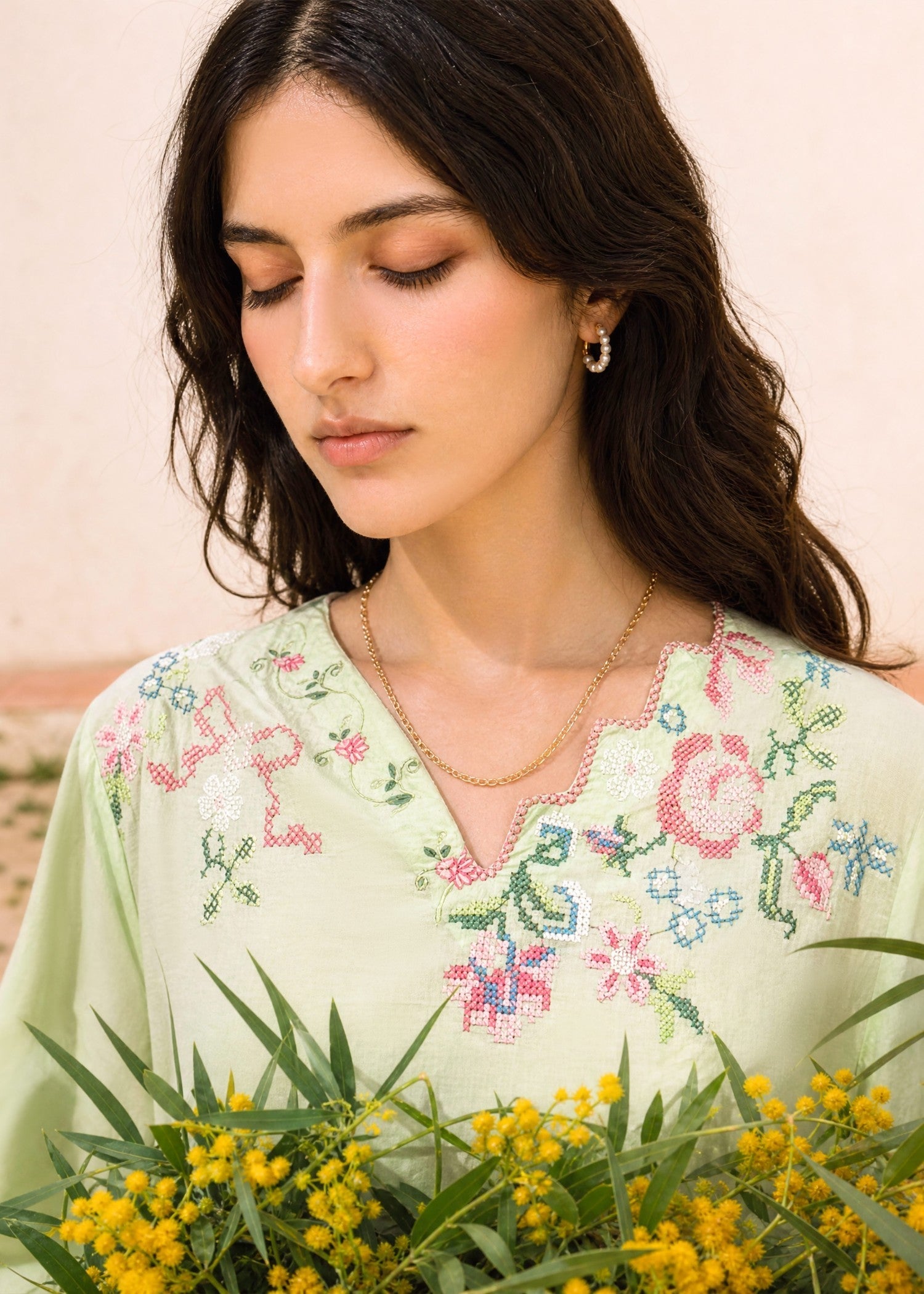 SS26DC-2626 LIGHT GREEN 2PCS EMBROIDERED KURTA WITH TROUSER