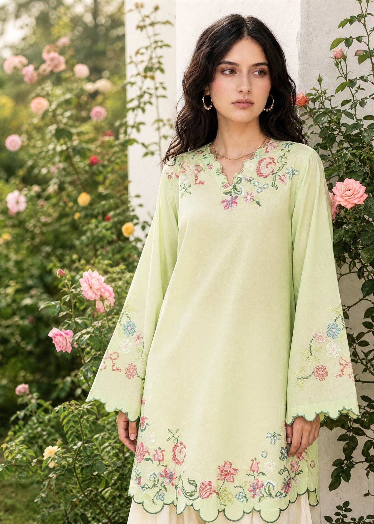 SS26DC-2626 LIGHT GREEN 2PCS EMBROIDERED KURTA WITH TROUSER