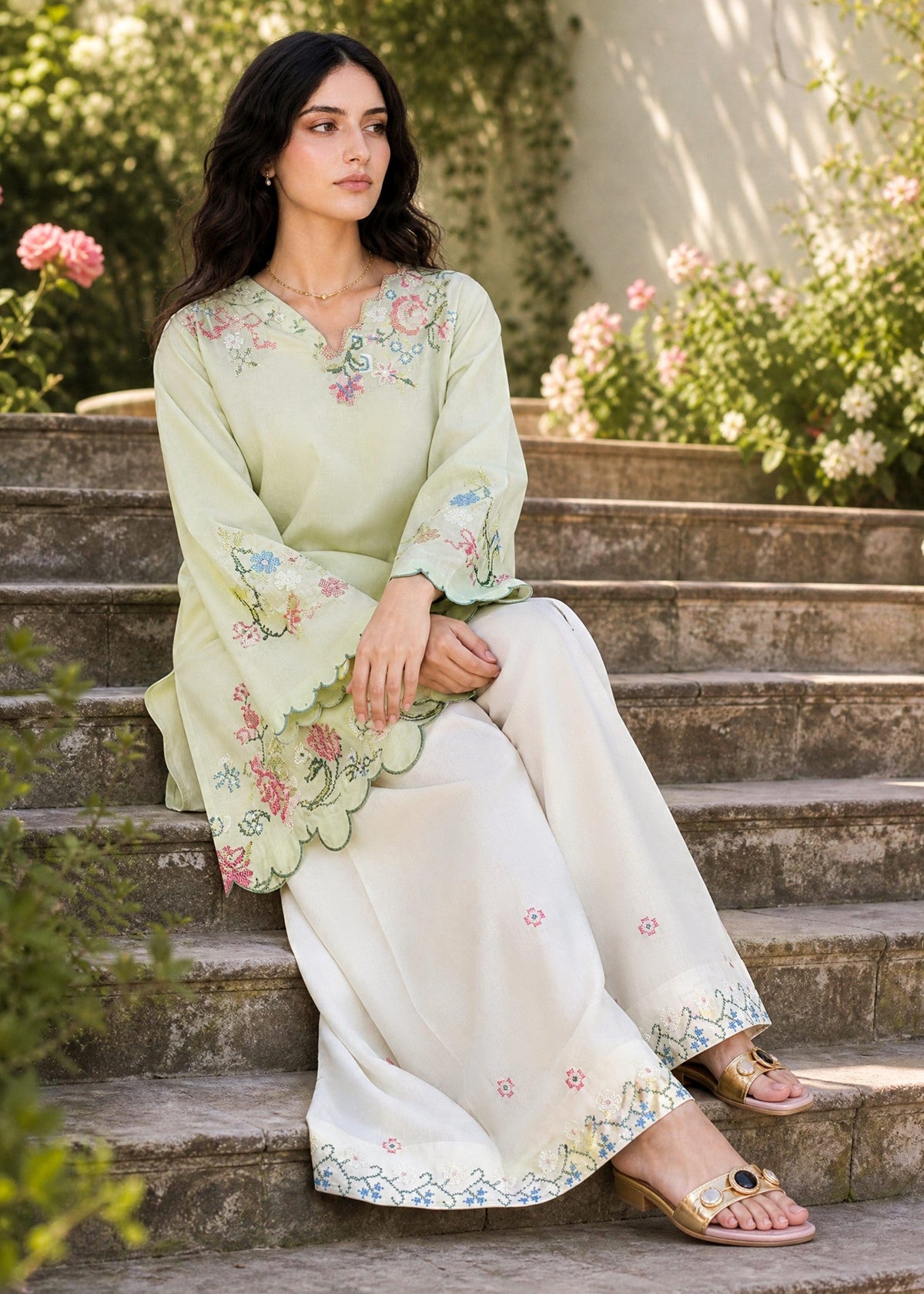 SS26DC-2626 LIGHT GREEN 2PCS EMBROIDERED KURTA WITH TROUSER