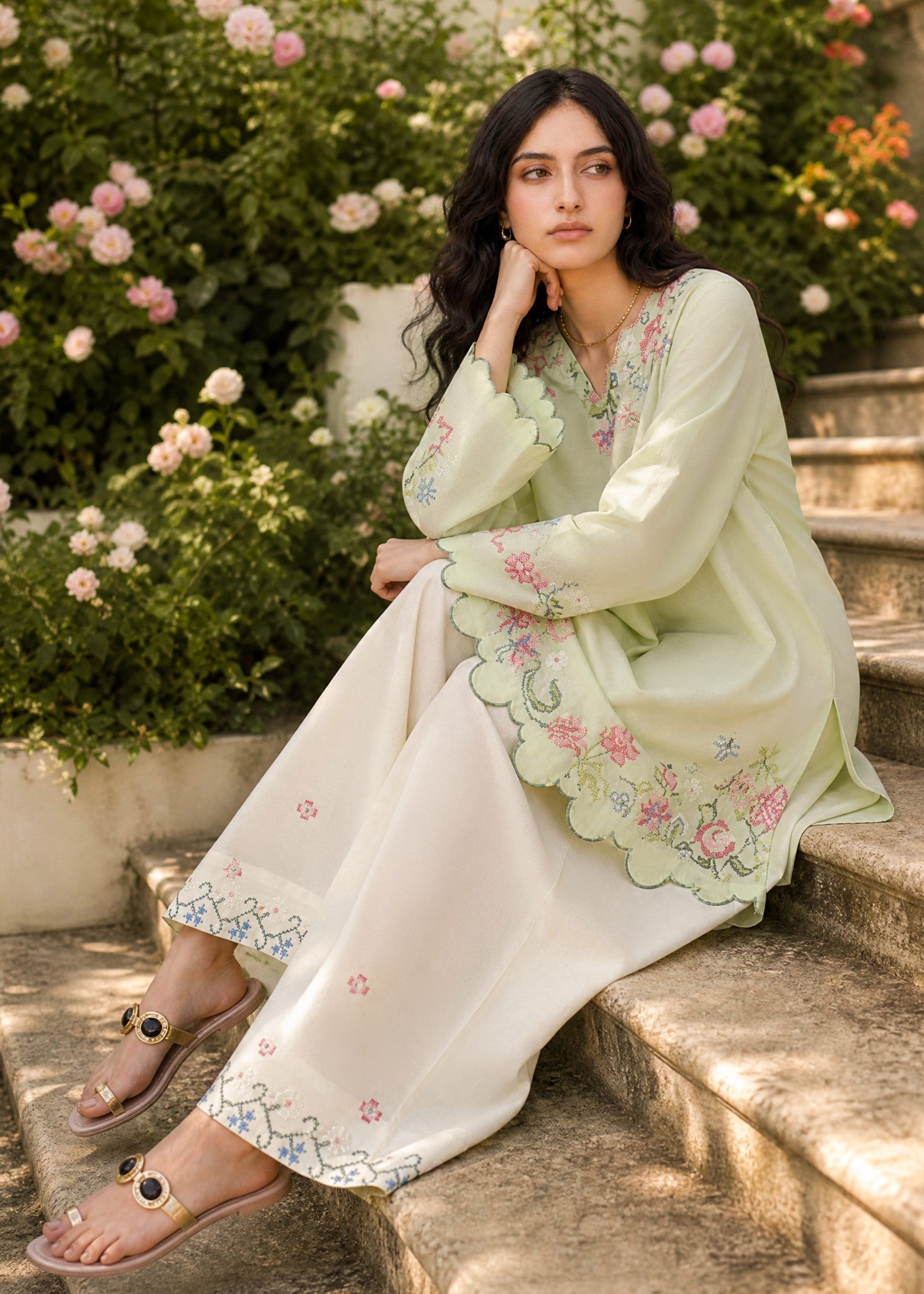 SS26DC-2626 LIGHT GREEN 2PCS EMBROIDERED KURTA WITH TROUSER