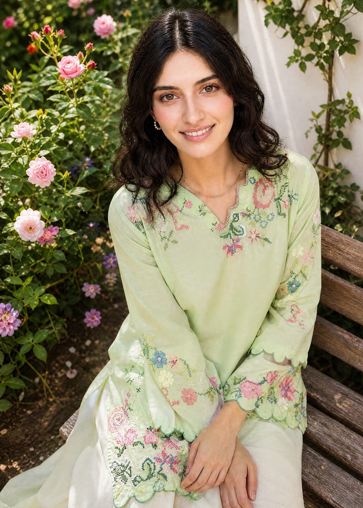 SS26DC-2626 LIGHT GREEN 2PCS EMBROIDERED KURTA WITH TROUSER