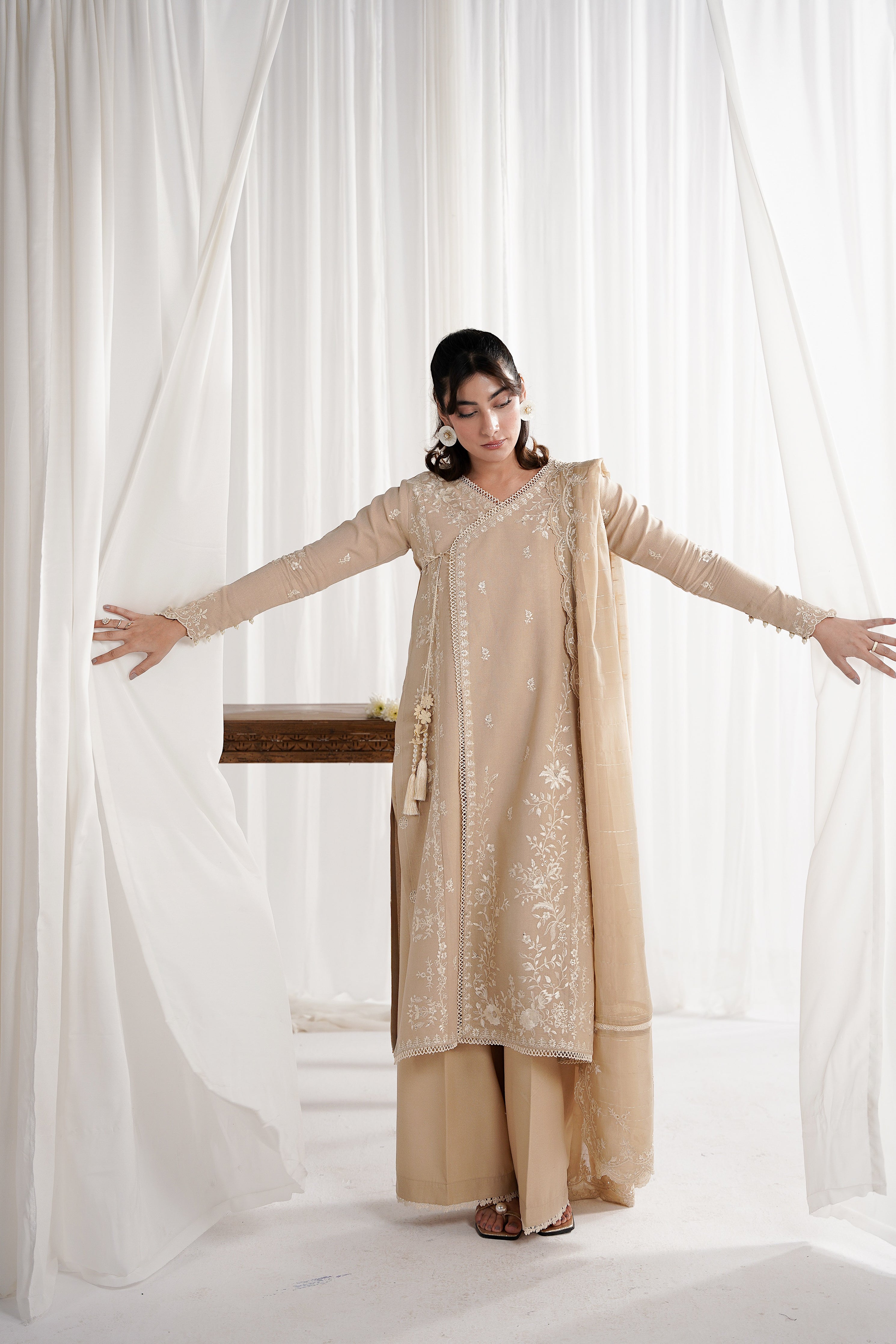 SAND BEIGE LUXURY EMBROIDERED 3PCS SET NPA3-25419 (EID 2025 READY TO WEAR) - EXPRESS SHIPPING