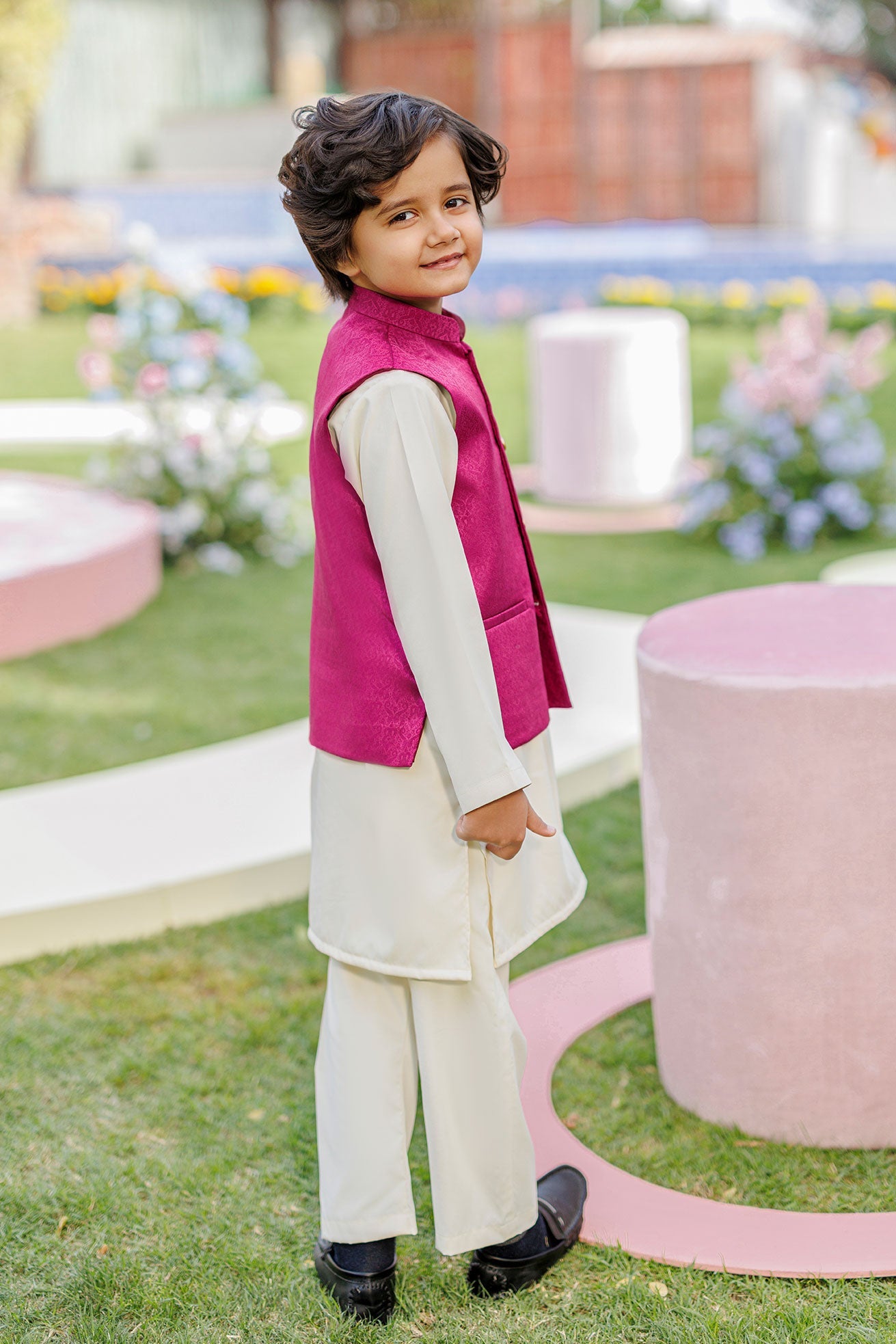 SS26DK-0226 - MAGENTA - KURTA ,PAJAMA & WAIST COAT - 3PCS