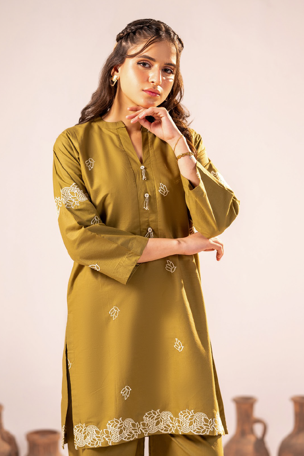 Olive Grace Emb Co-Ord Set | 2 PC