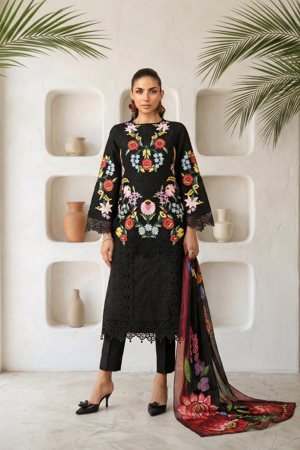 3 Piece Embroidered Jacquard Lawn Suit - DS2610B-SML-00B