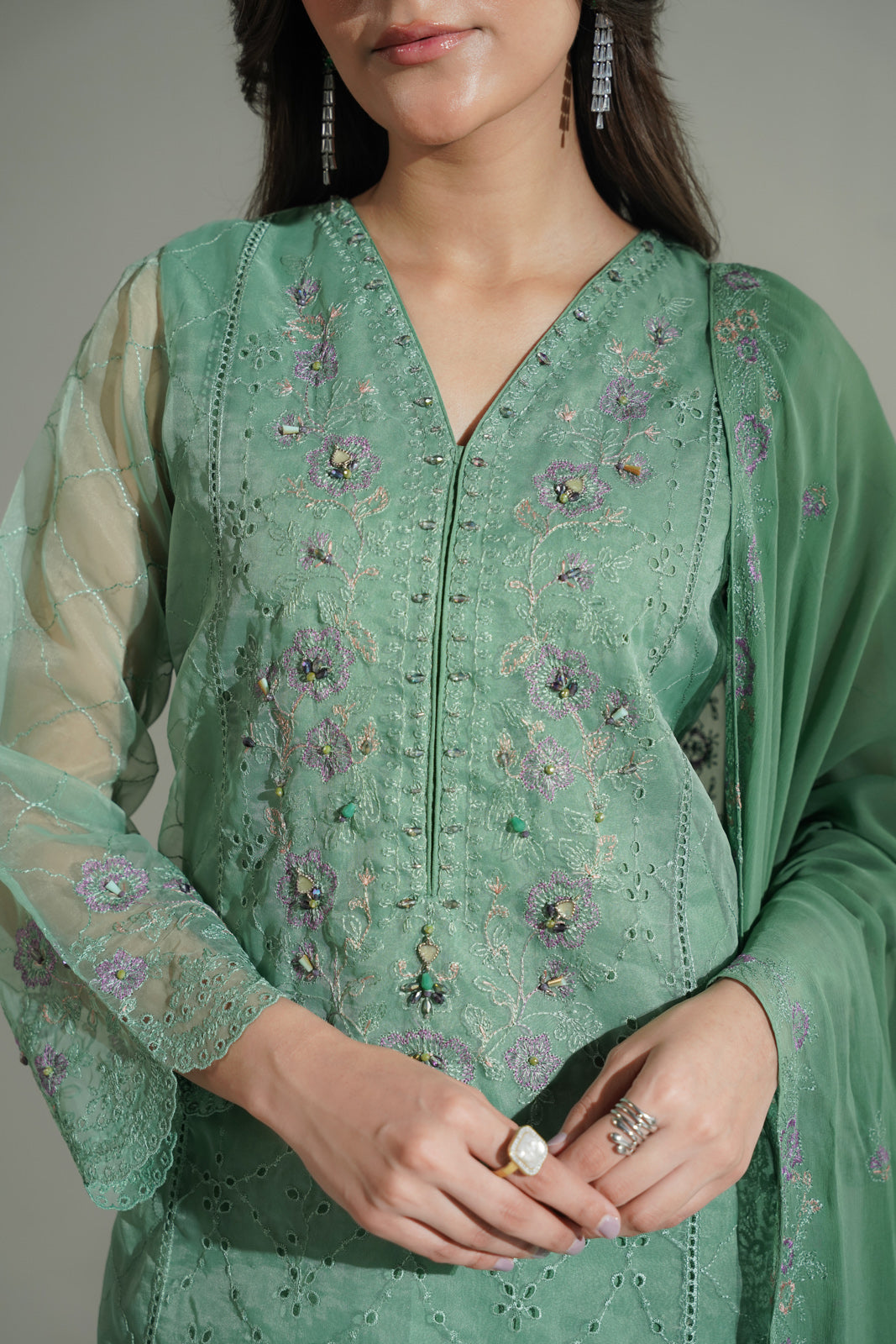 3 Piece Organza Embroidered Suit (FL0181)