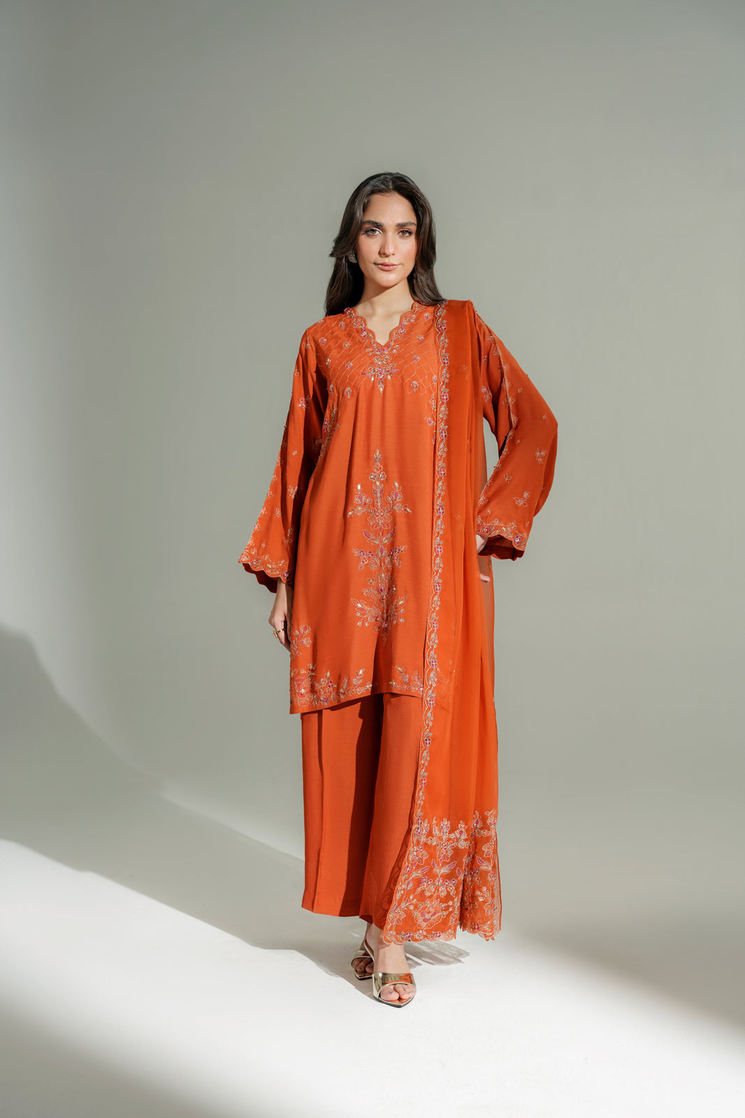 3 Piece Raw Silk Embroidered Suit (FL0179)