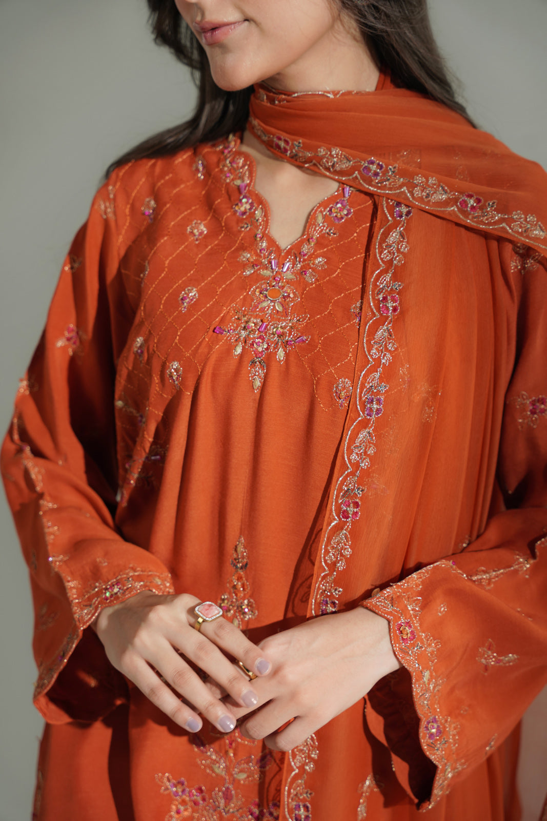 3 Piece Raw Silk Embroidered Suit (FL0179)