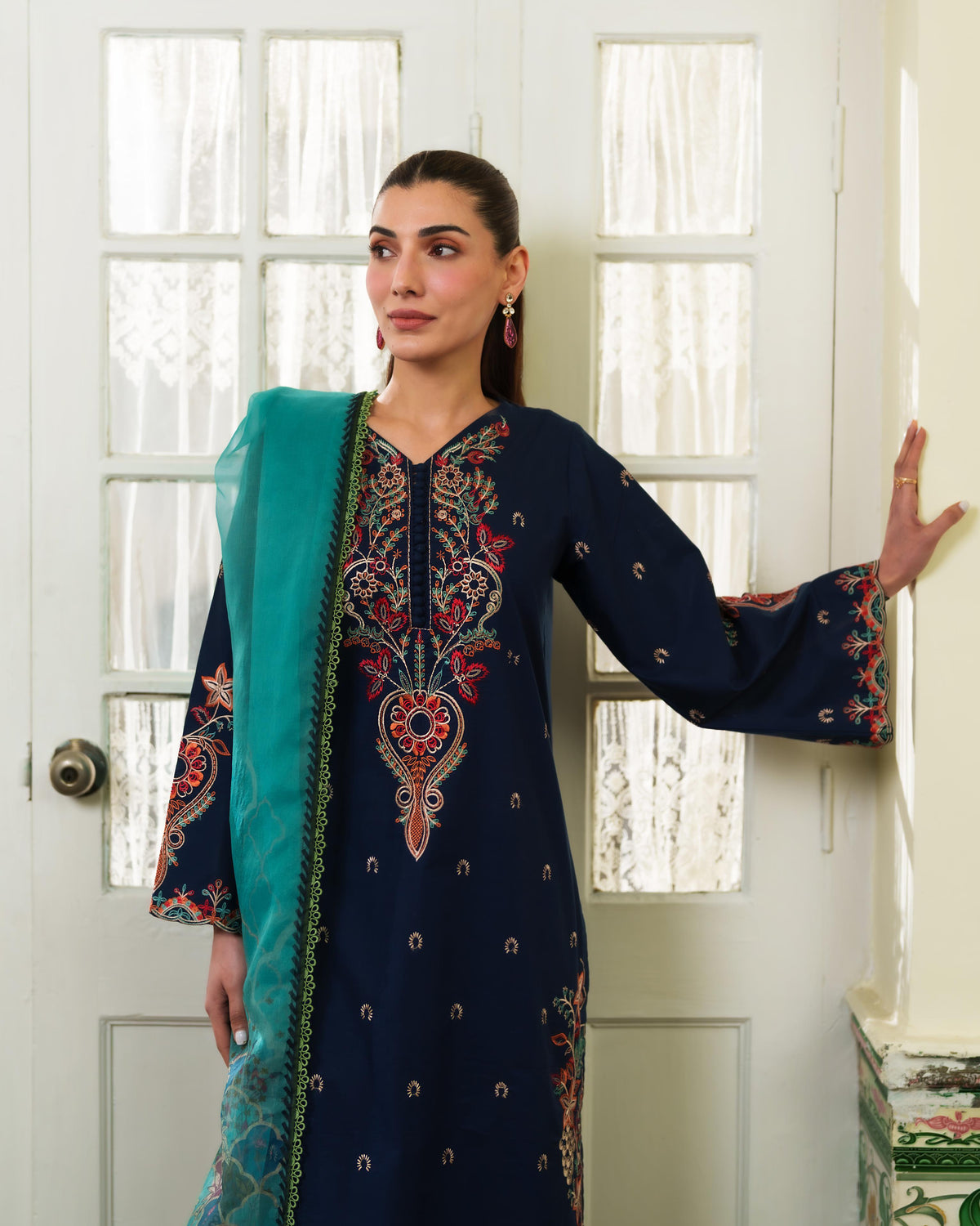 LIANA NAVY BLUE 3PCS SET - BROWN DUPATTA