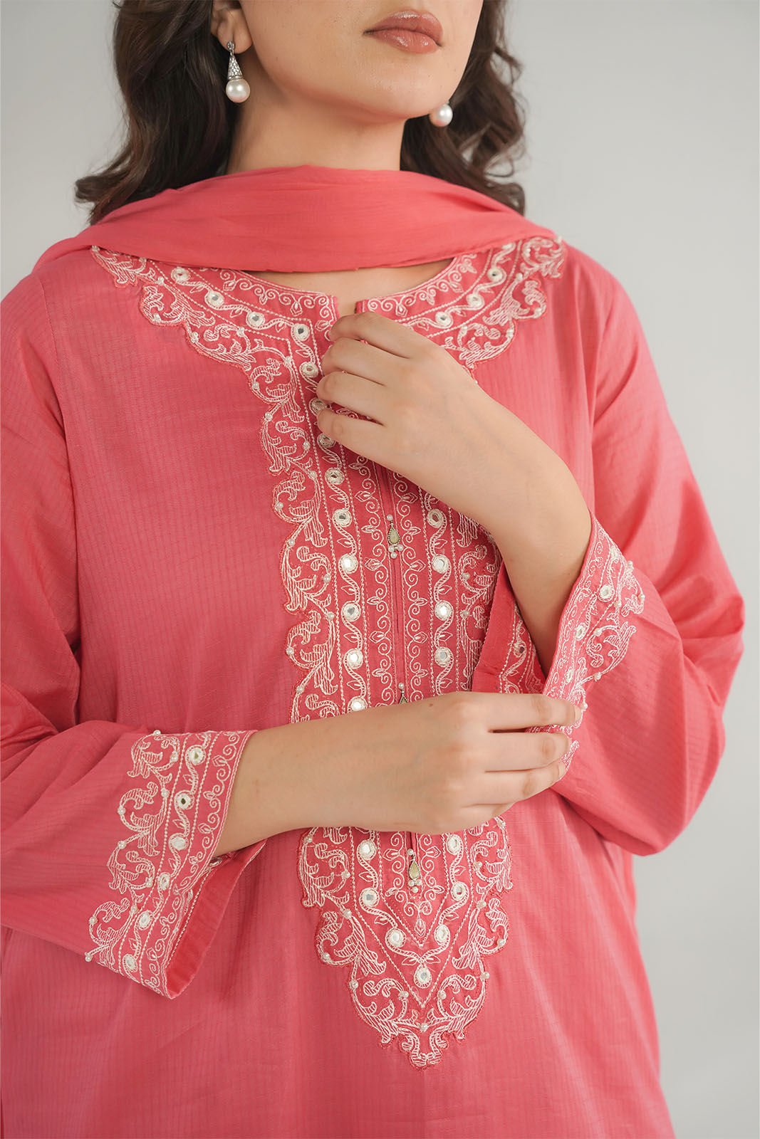 3 Piece Cotton Stripe Embroidered Suit (CS0453)