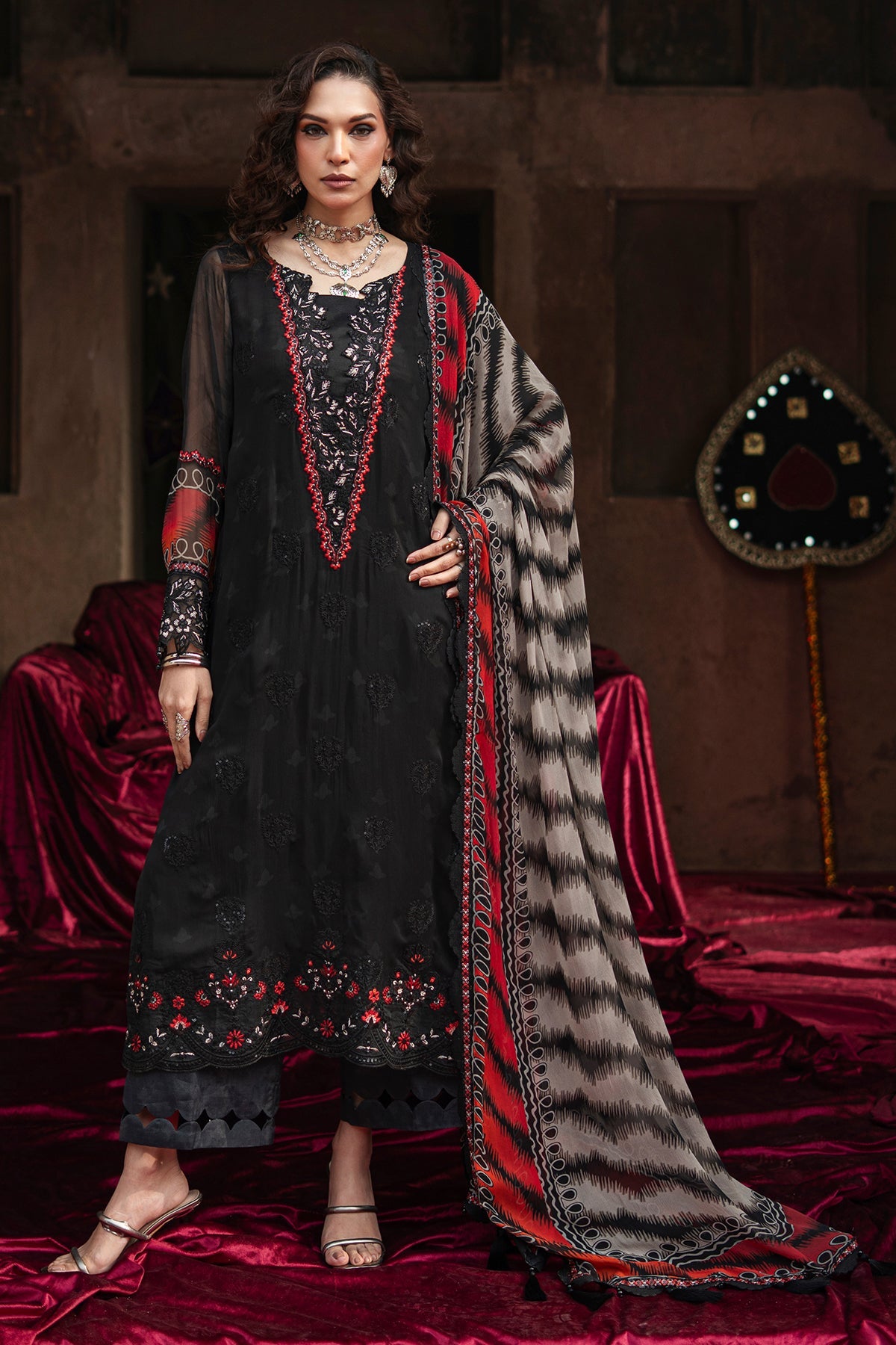 3-pc Unstitched Embroidered Printed Chiffon Collection VSL6-02