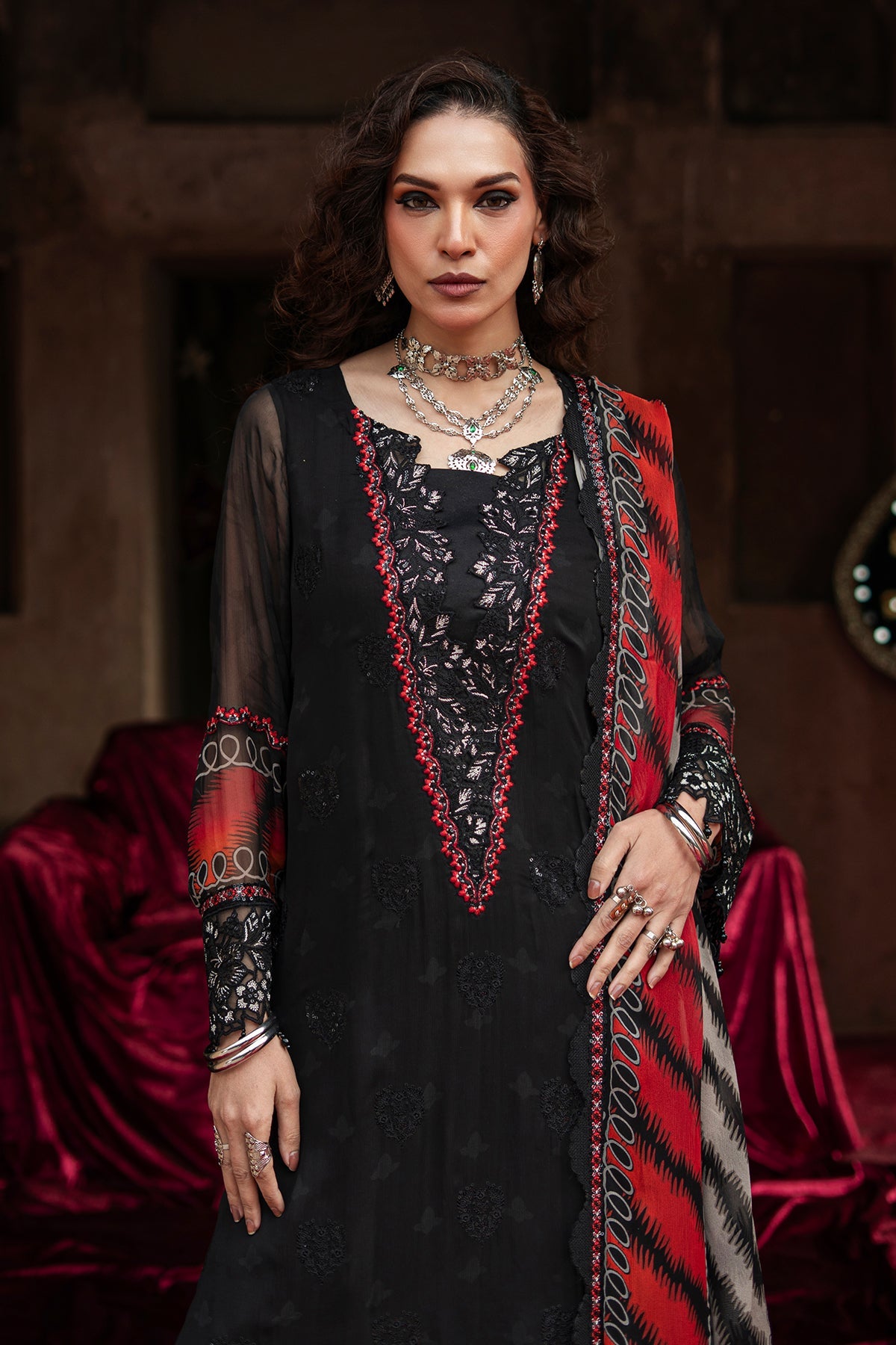 3-pc Unstitched Embroidered Printed Chiffon Collection VSL6-02