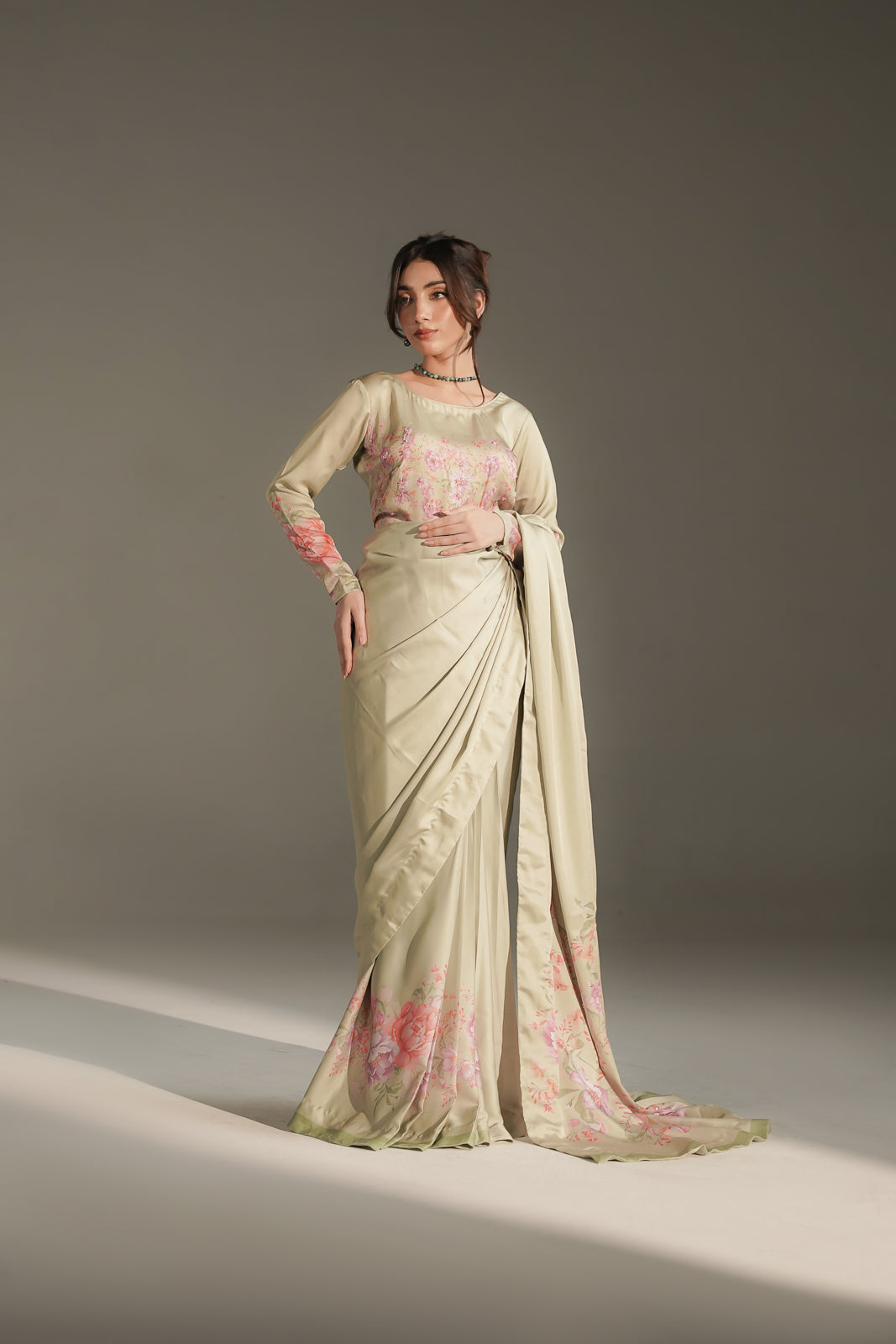 3 Piece Printed Shamoz Silk Embroidered Saree/Blouse/Petticoat (FW0035)