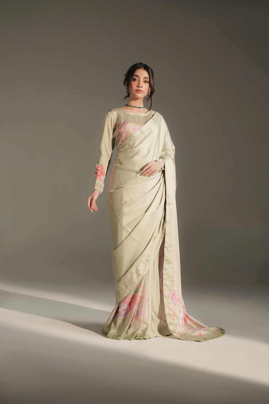3 Piece Printed Shamoz Silk Embroidered Saree/Blouse/Petticoat (FW0035)