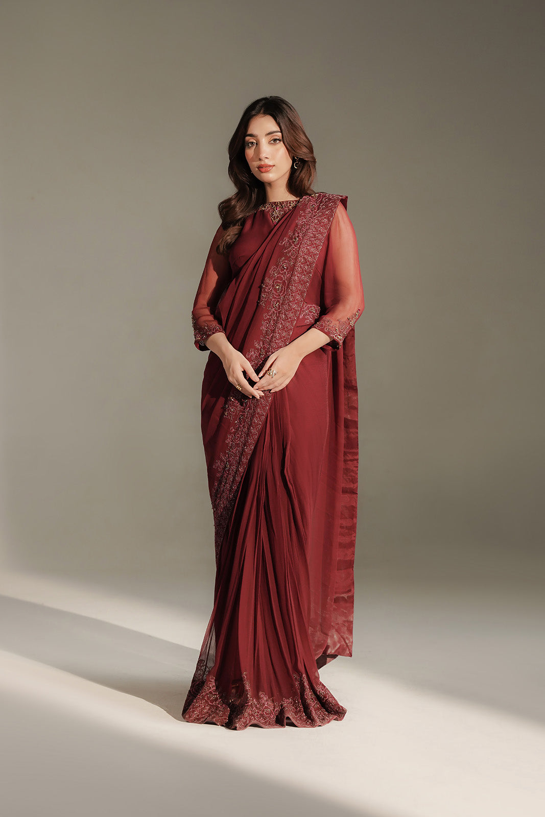 3 Piece Chiffon Embroidered Saree/Blouse/Petticoat (FW0036)