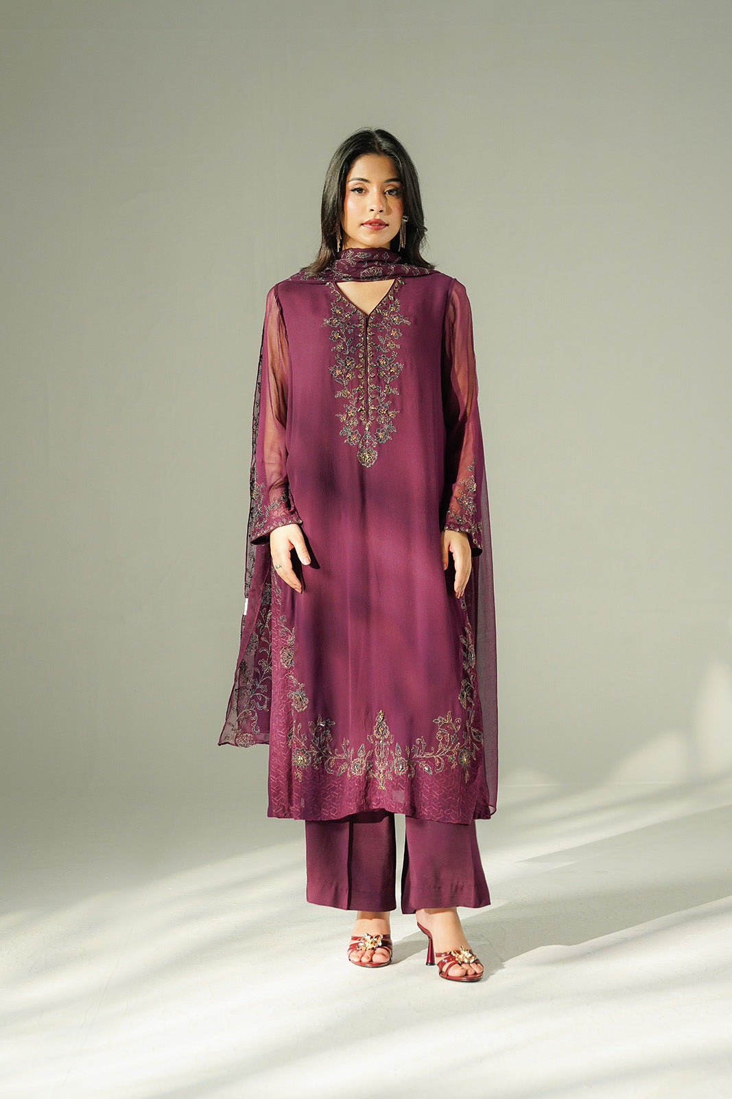 3 Piece Chiffon Embroidered Suit (FL0216)