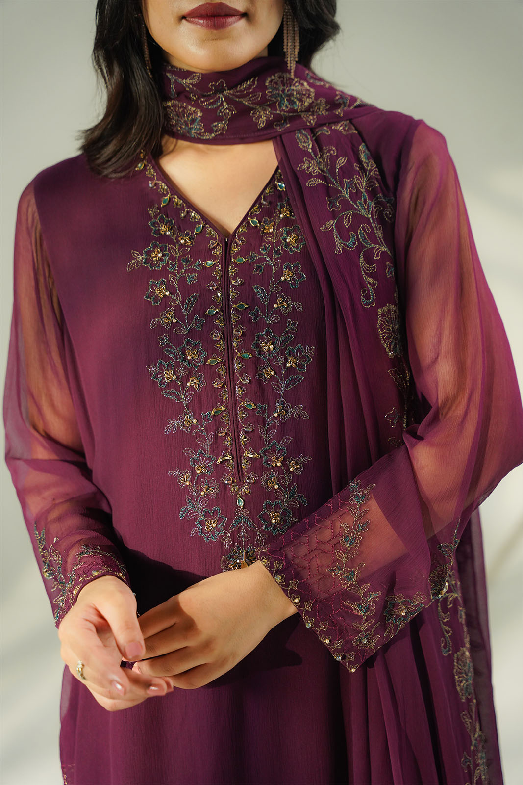 3 Piece Chiffon Embroidered Suit (FL0216)