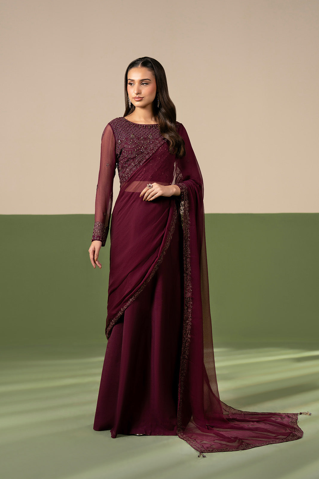 2 Piece Chiffon Embroidered Saree (FW0033)