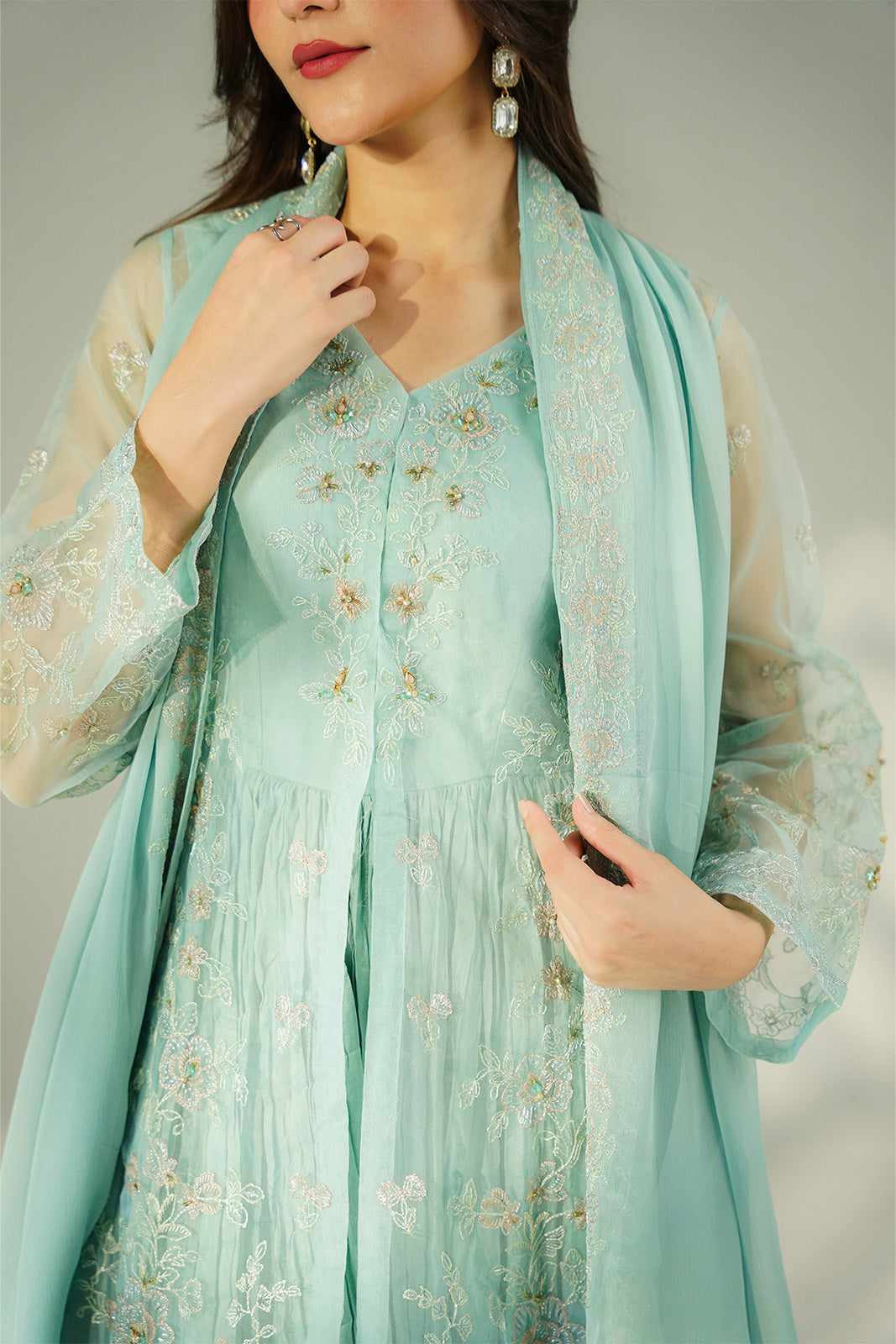 2 Piece Synthetic Organza Embroidered Suit (FW0027)