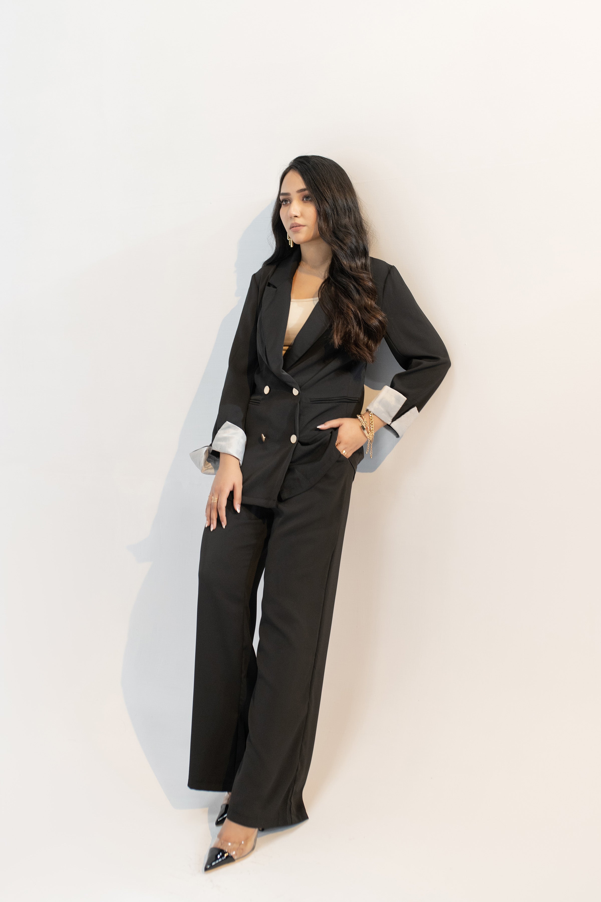 Aiyla Black Golden Button Double Breasted Suit