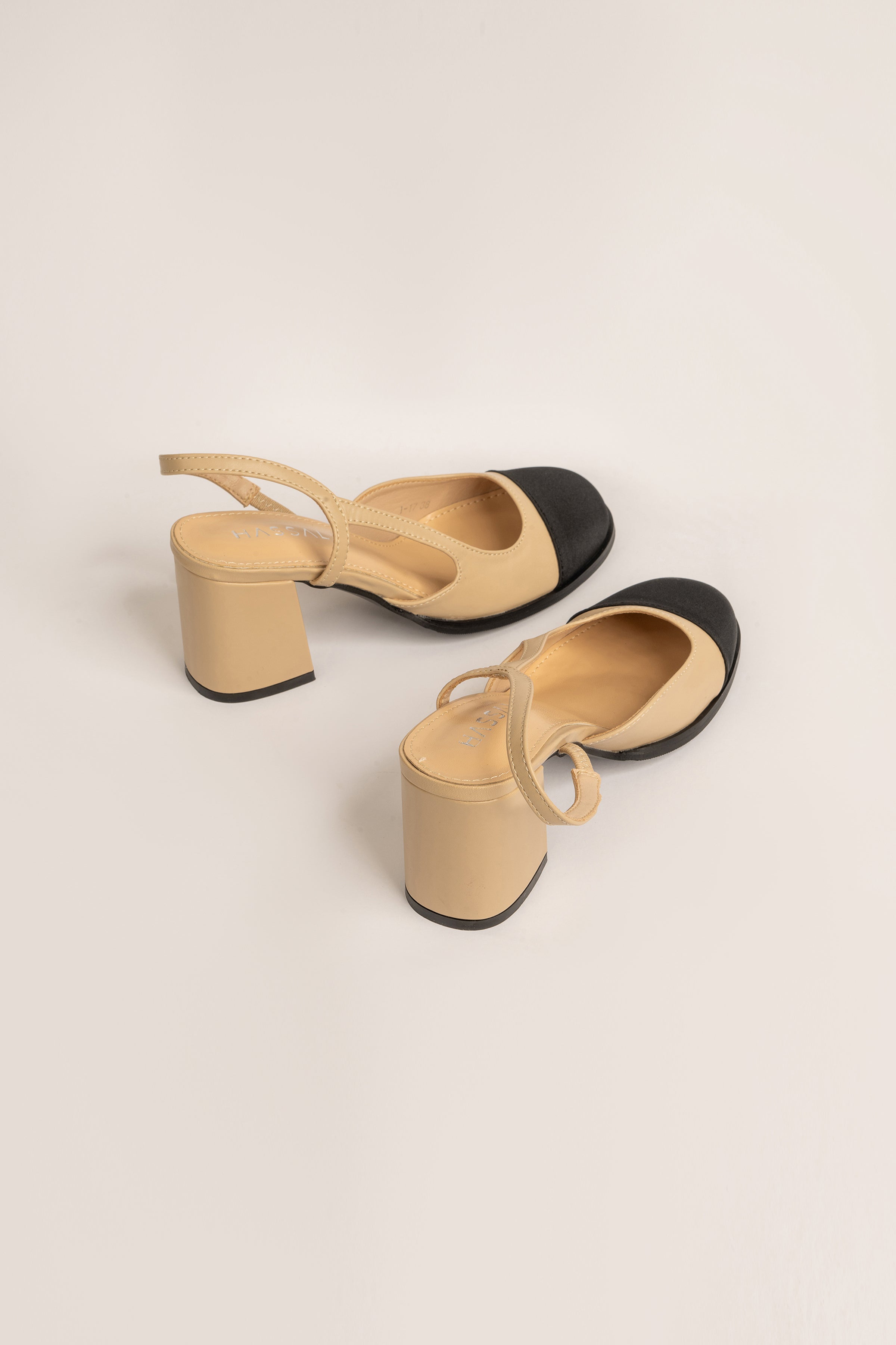 Beige & Black Sling Back Contrast Block Heels