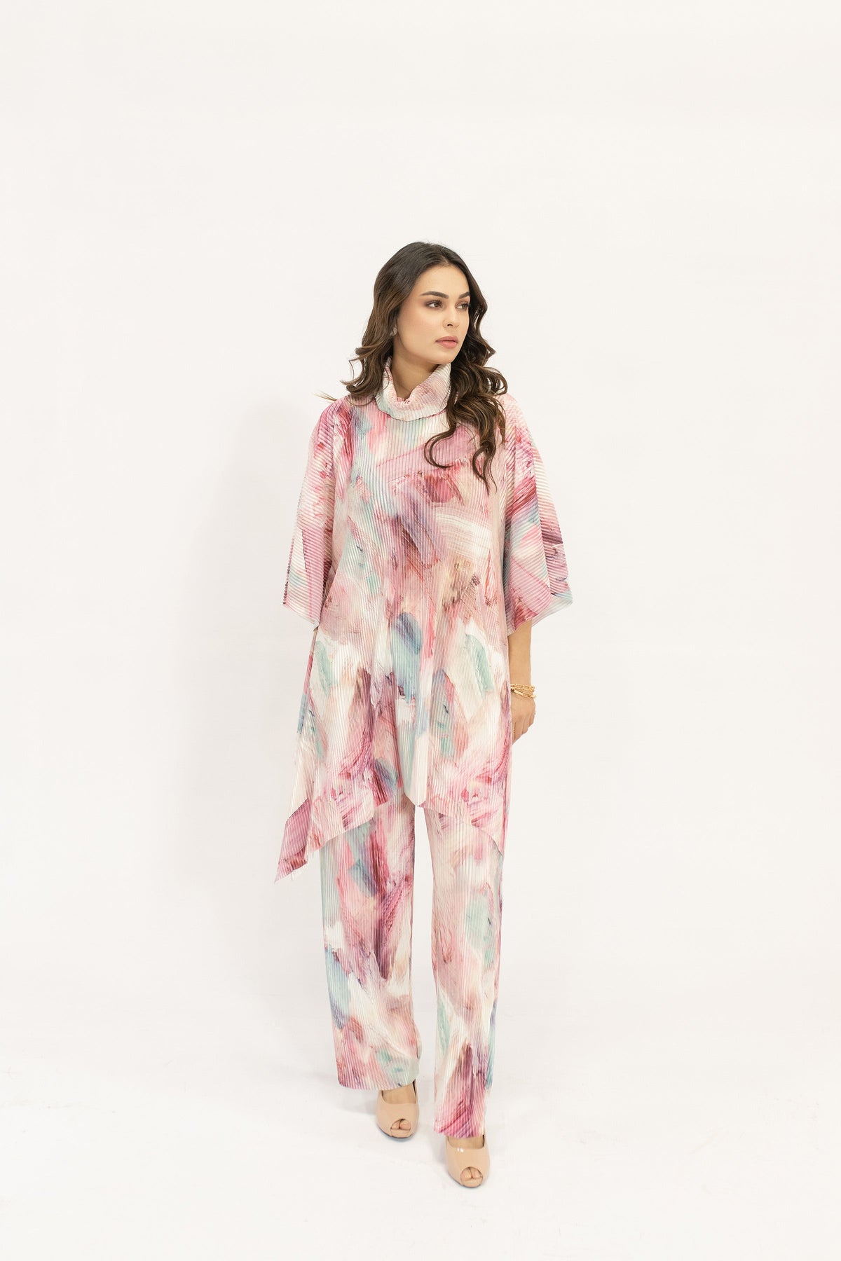 Nazik Pink on Pink Poncho Pleated Suit