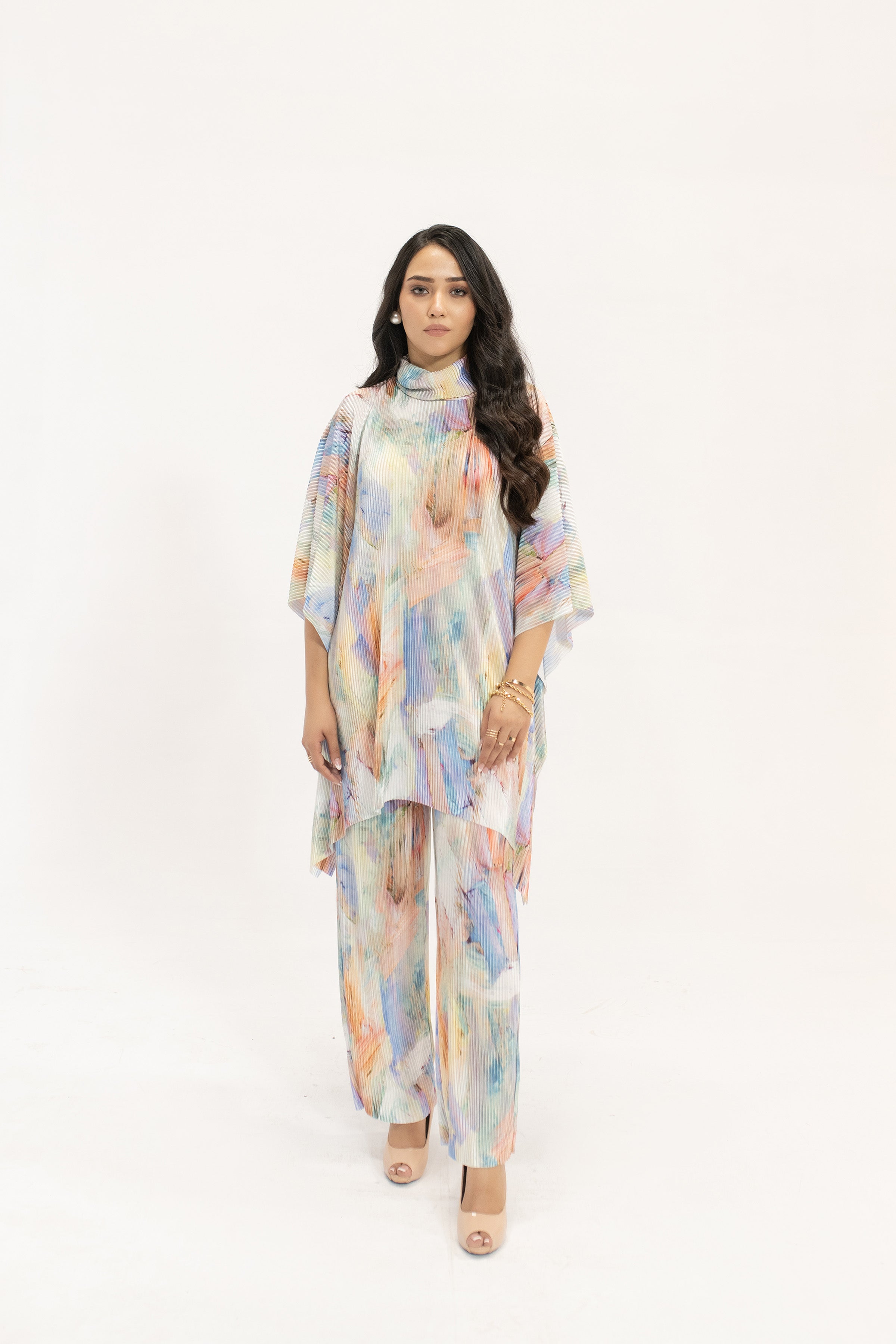 Nazik Blue /Pink Poncho Pleated Suit