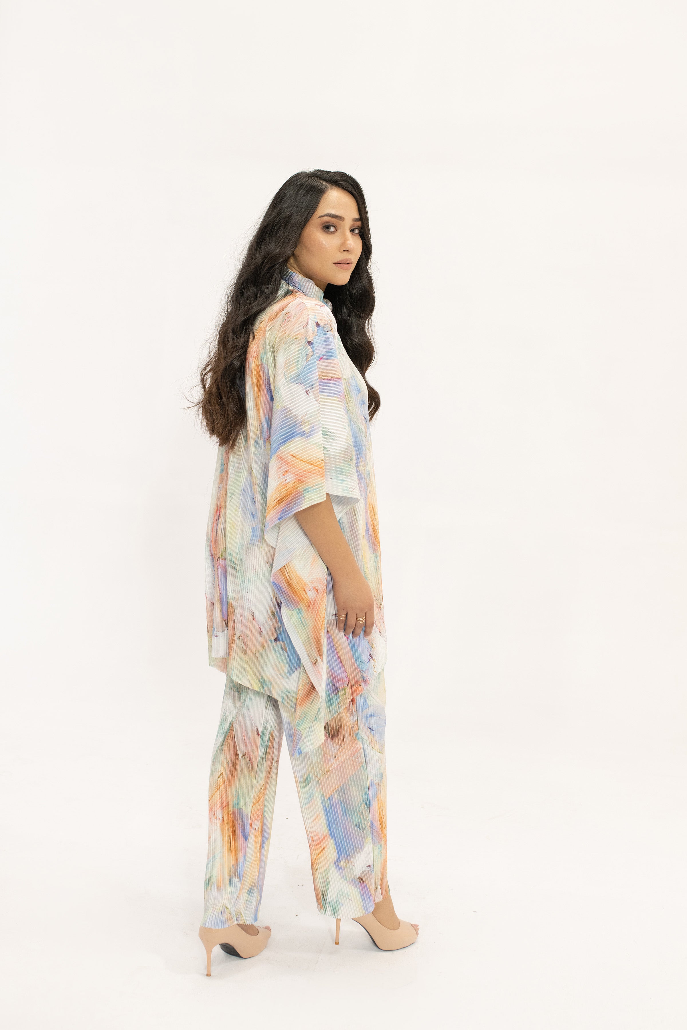 Nazik Blue /Pink Poncho Pleated Suit