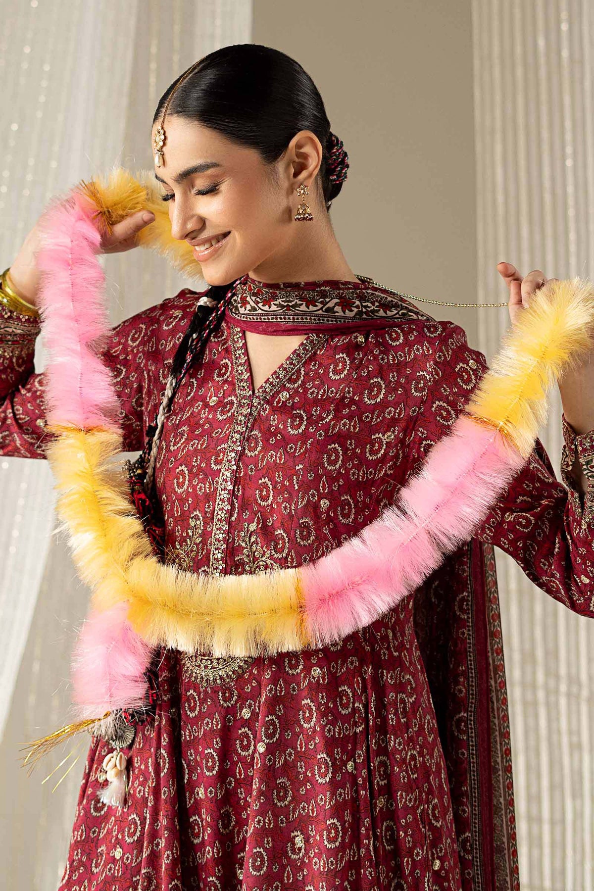 3 Piece Embroidered Raw Silk Suit | DW-W26-91-PINK