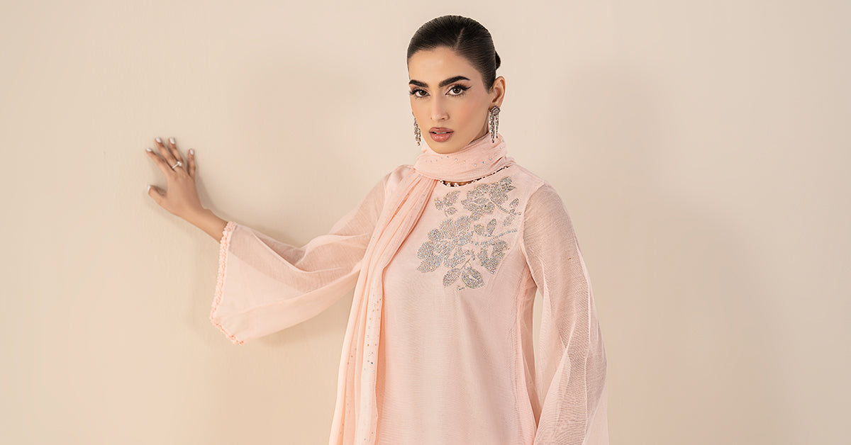 3 Piece Embellished Cotton Net Suit - DWA2519-ESM-PNK