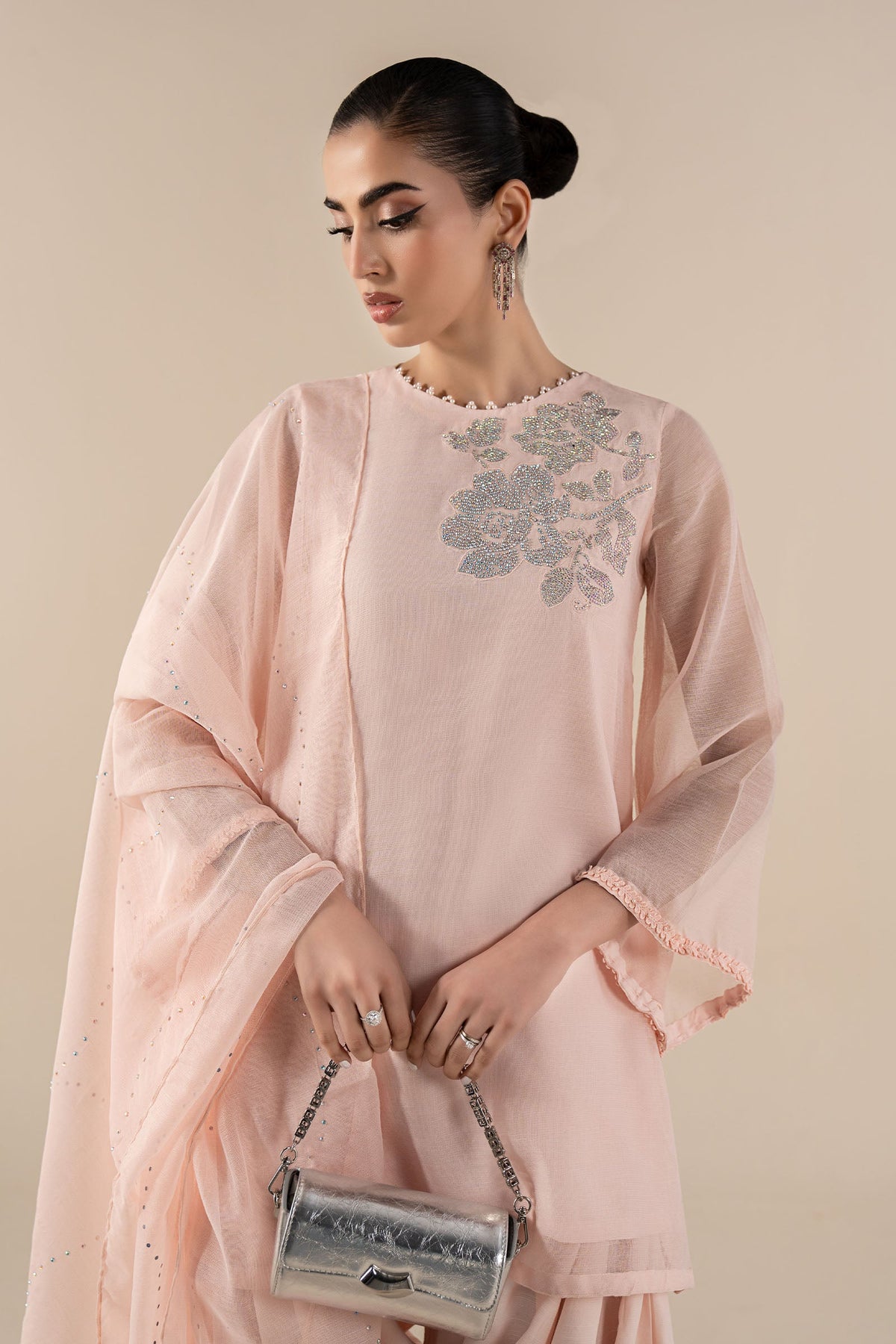 3 Piece Embellished Cotton Net Suit - DWA2519-ESM-PNK