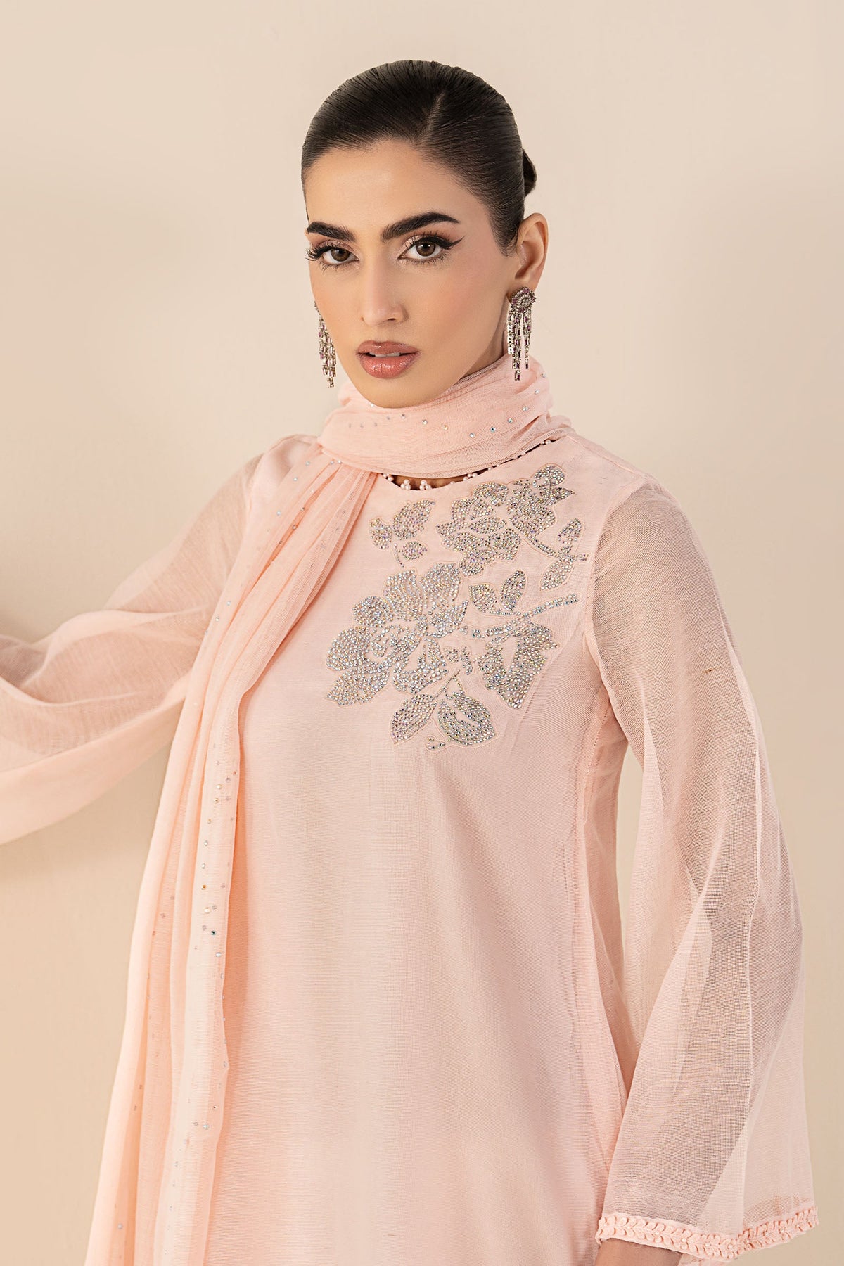 3 Piece Embellished Cotton Net Suit - DWA2519-ESM-PNK