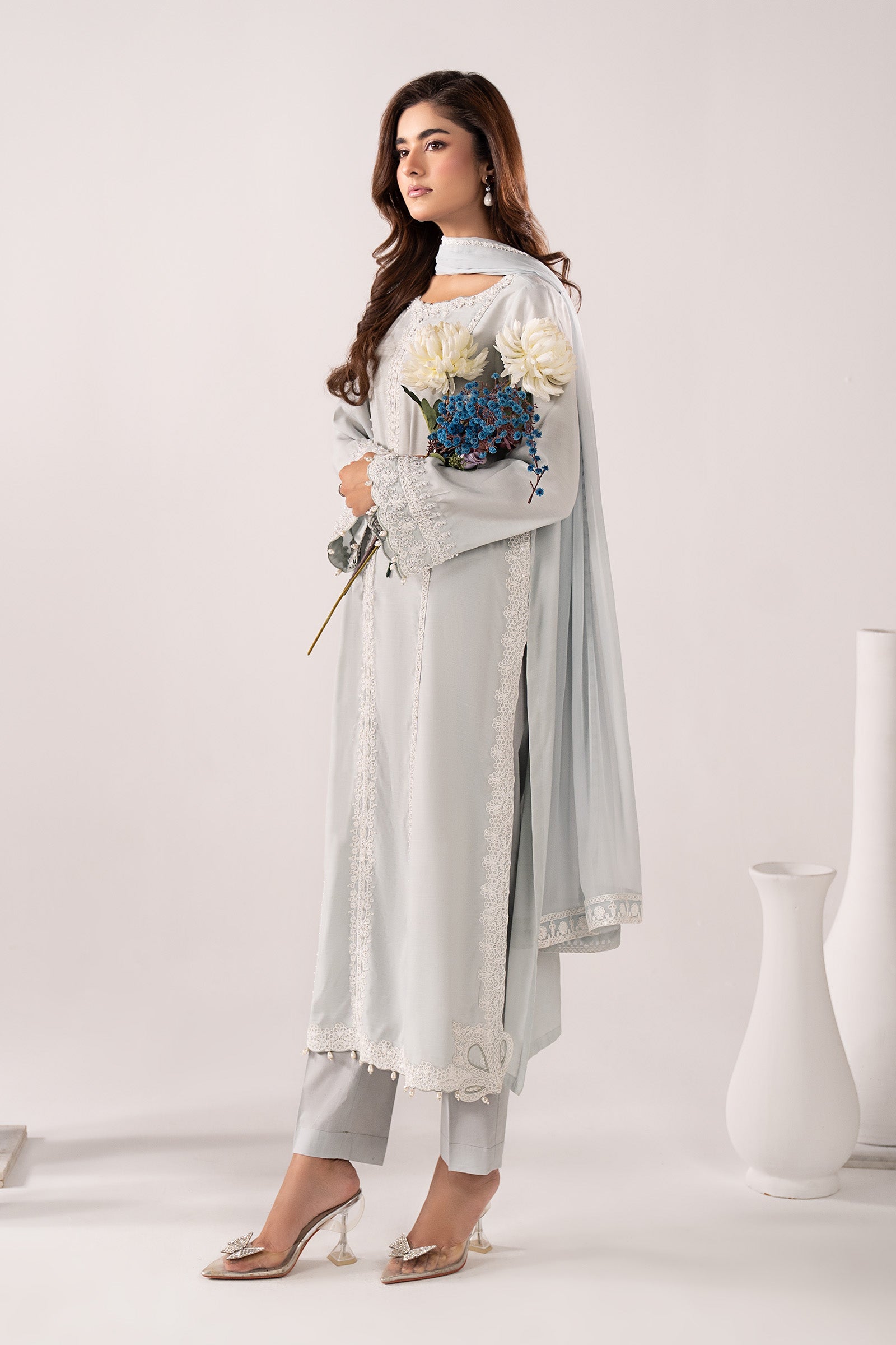 3 Piece Embroidered Raw Silk Suit
