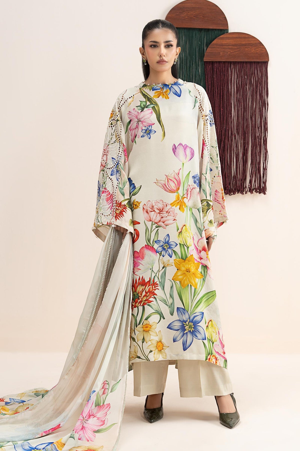3 Piece Embroidered Raw Silk Suit