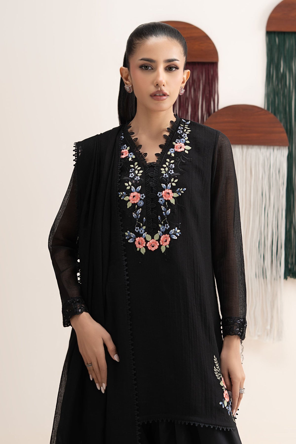 3 Piece Embroidered Cotton Net Suit - DWA2686-ESM-BLK