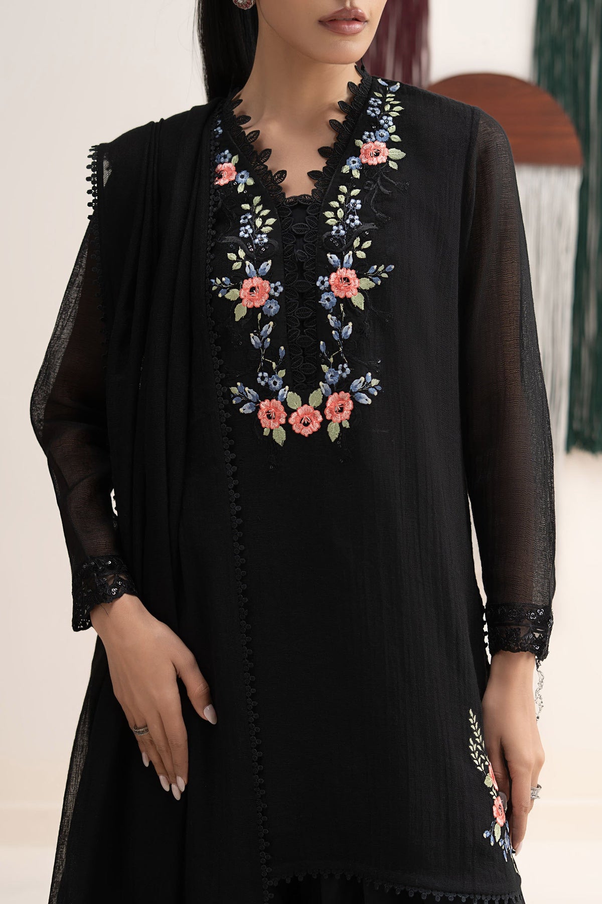 3 Piece Embroidered Cotton Net Suit - DWA2686-ESM-BLK