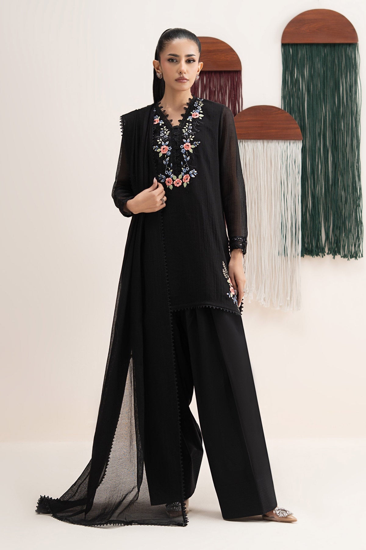 3 Piece Embroidered Cotton Net Suit - DWA2686-ESM-BLK