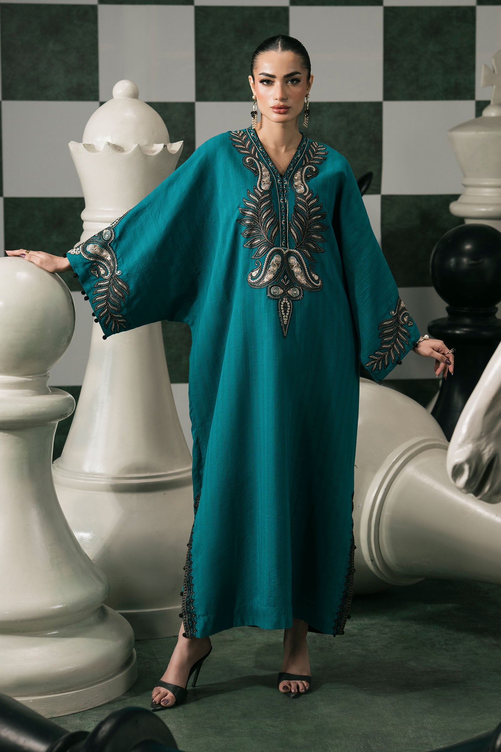 2 Piece Embroidered Striped Cotton Suit