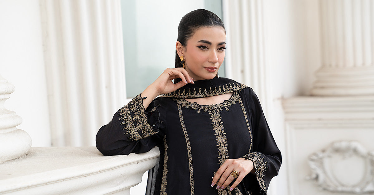 3 Piece Embroidered Raw Silk Suit | DW-EF26-106-BLACK