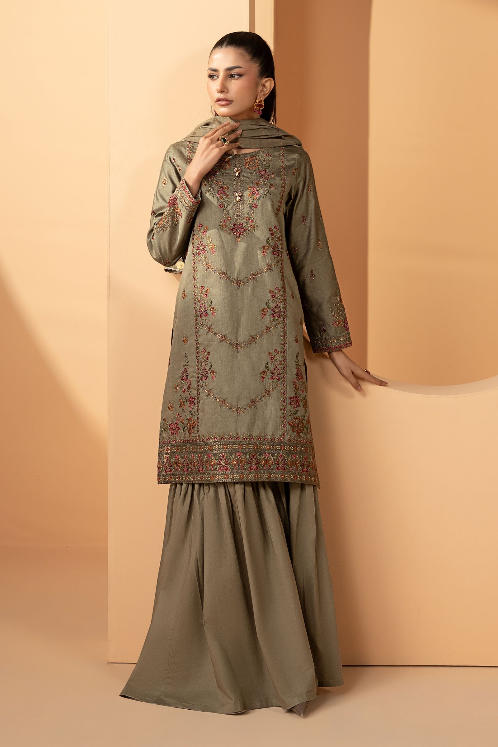 3 Piece Embroidered Double Warp Silk Suit