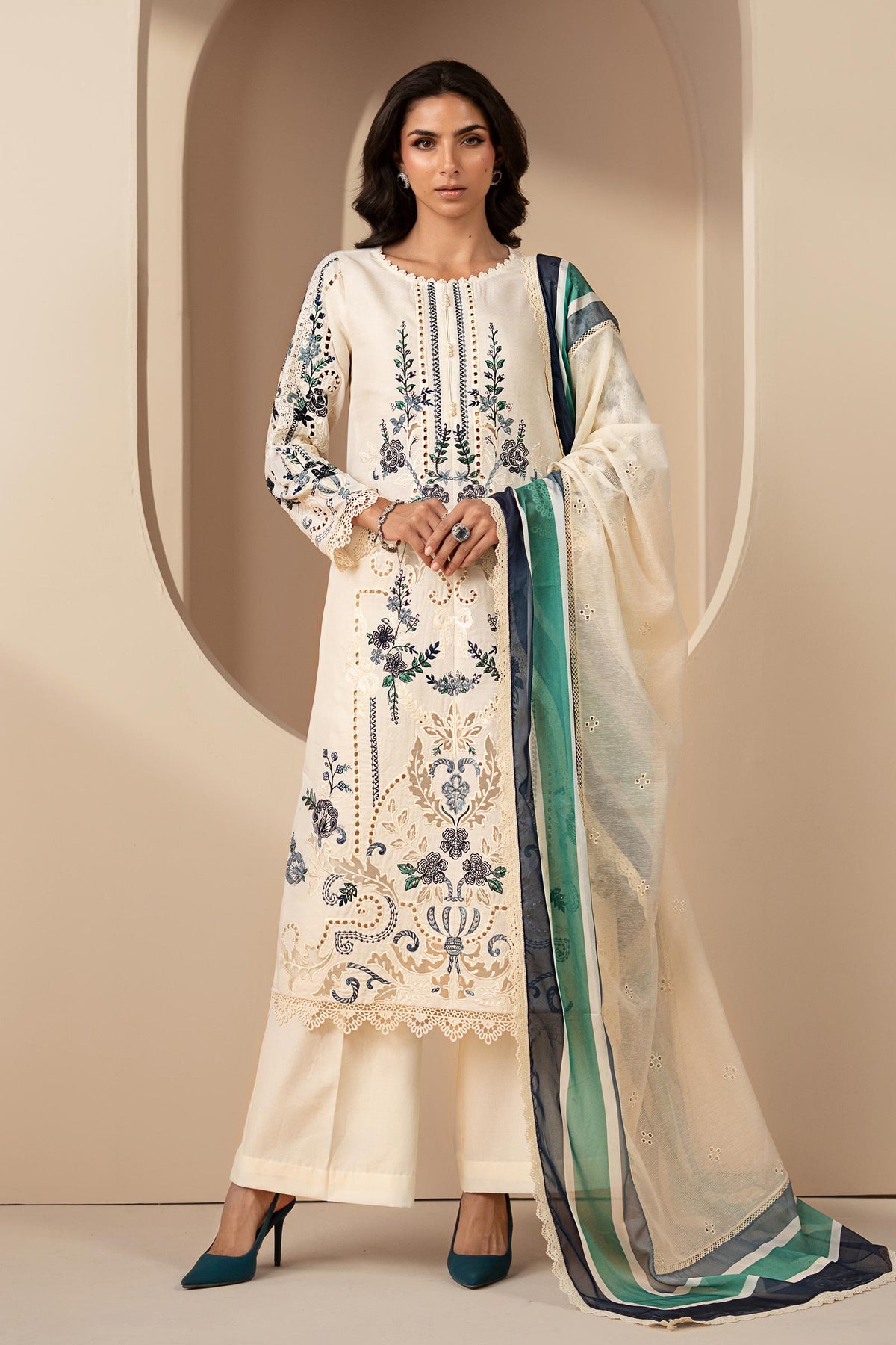 3 Piece Embroidered Jacquard Lawn Suit - DS2609B-SML-00B