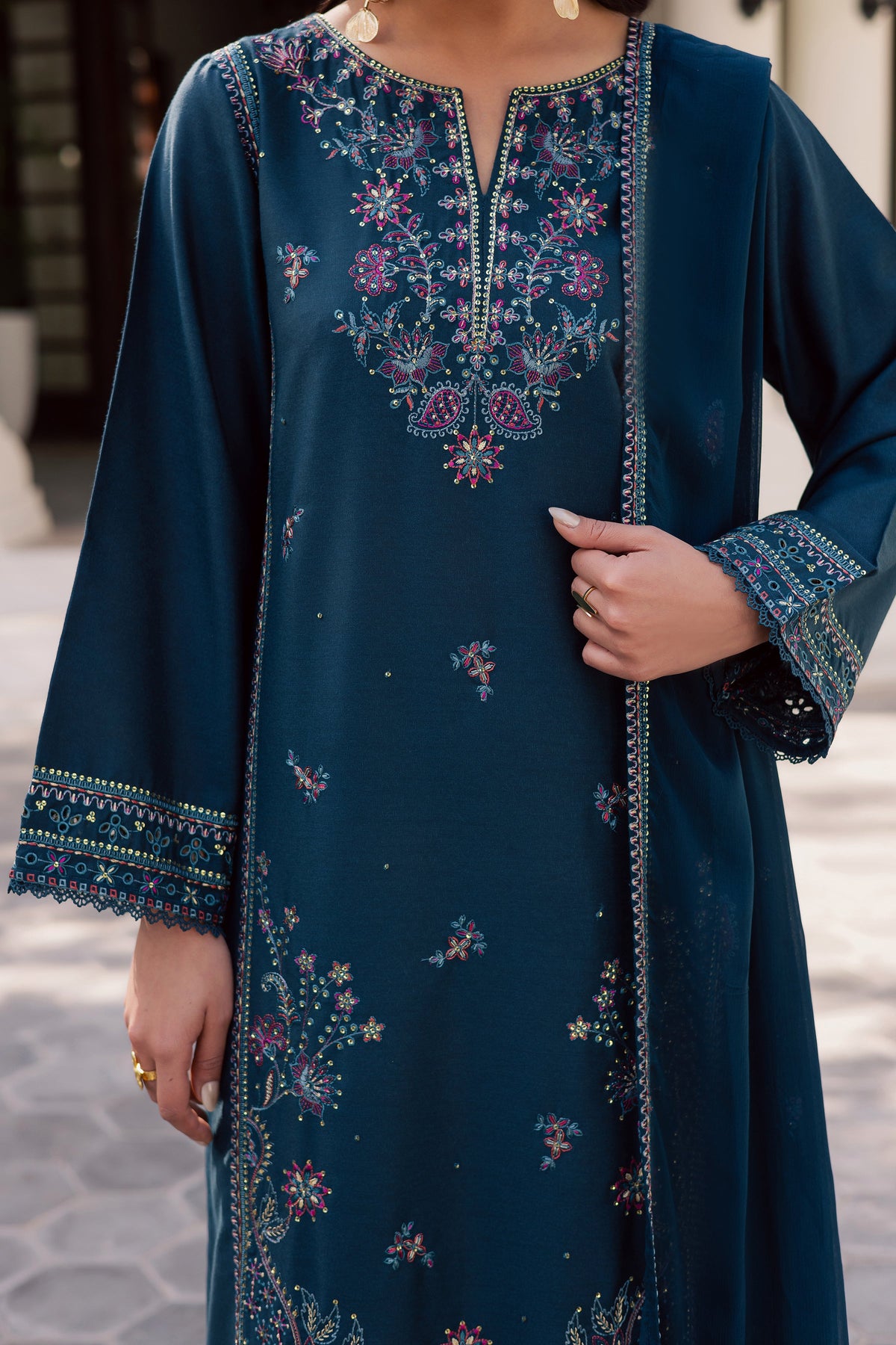 Dark Aqua 3Pc - Embroidered Karandi Dress