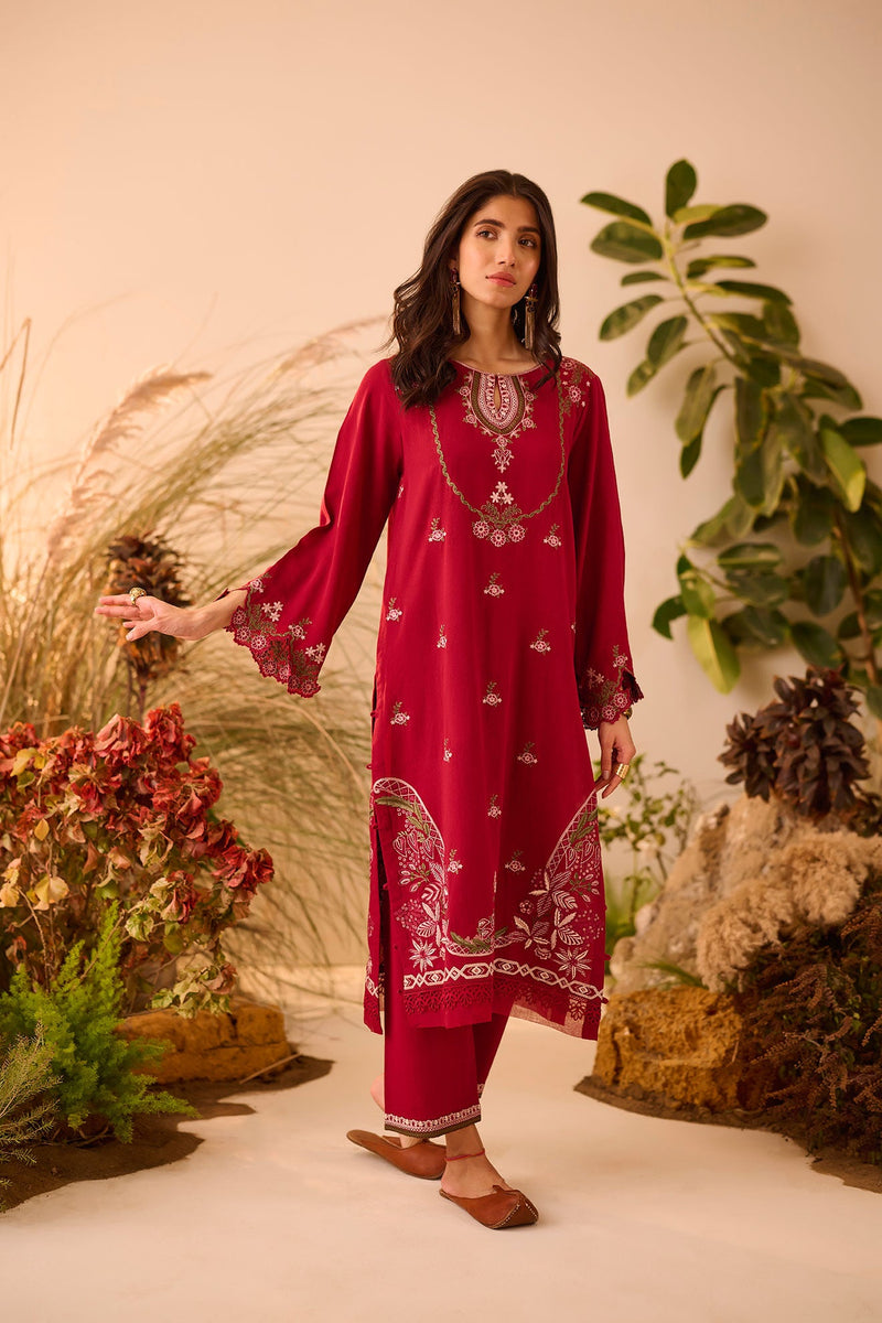 DC-2123 MAROON KARANDI 2PCS EMBROIDERED KURTA WITH TROUSER
