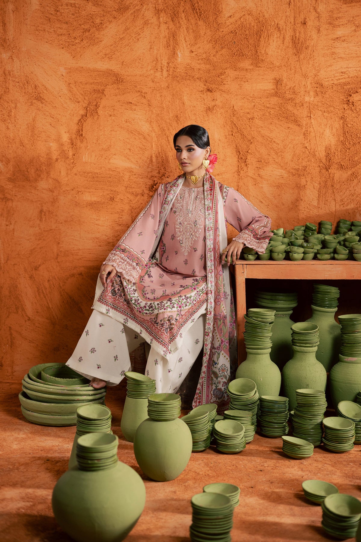 Dusty Peach 3Pc - Printed Lawn Dress